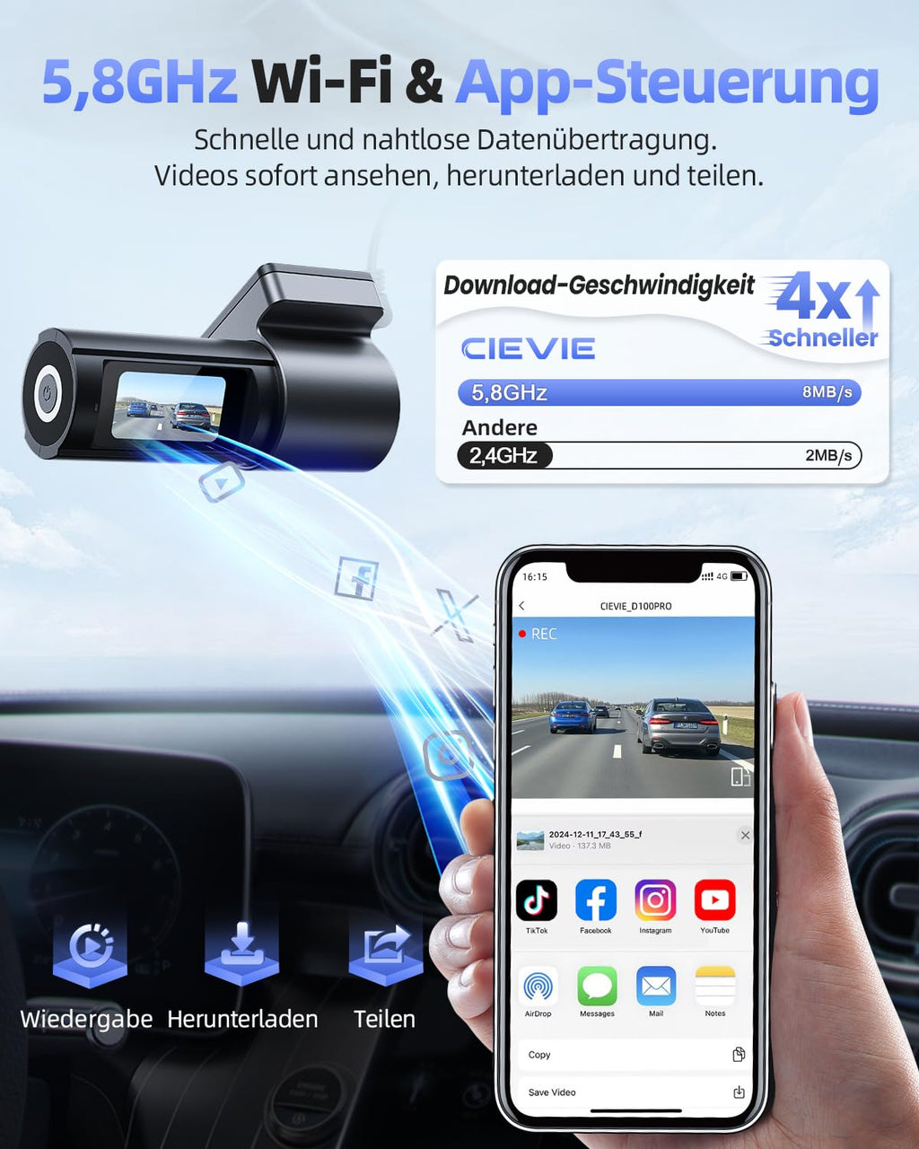 CIEVIE 4K Dashcam Auto Vorne Hinten mit GPS 5GHz WiFi, Dual Dashcam 1,5″ IPS Display, Auto Kamera mit 64GB SD Karte, 170° Weitwinkel, G-Sensor, WDR Nachtsicht, Loop-Aufnahme, Unterstützt 256GB Max