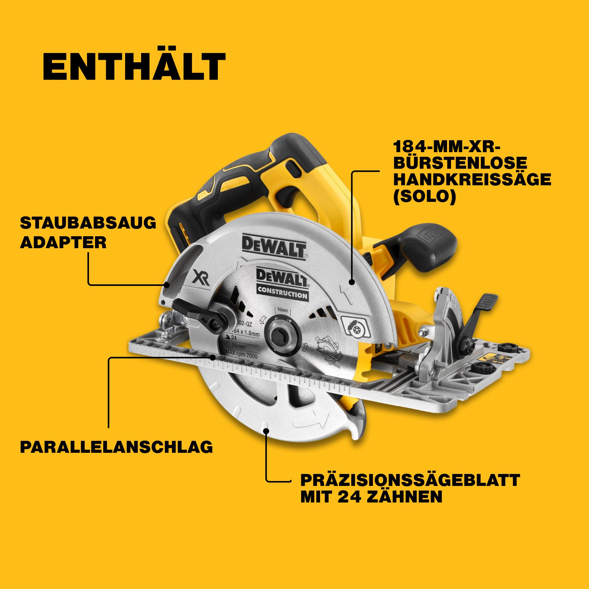 DEWALT XR 18V Bürstenloser 184mm Handkreissäge, Führungsschienen-kompatibel, 58mm Schnitttiefe, Werkzeuglose Einstellung, TSTAK Koffer, LED, AirLock Staubabsaugung, Solo-Gerät – DCS572NT-XJ