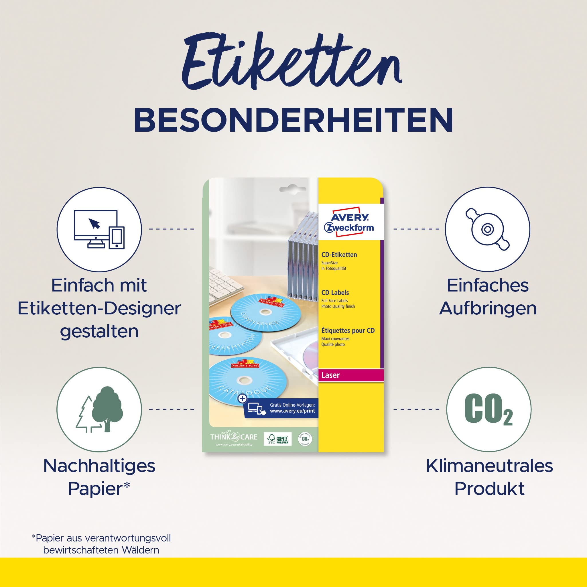 AVERY Zweckform L7760-25 selbstklebende CD-Etiketten (50 blickdichte CD-Aufkleber, Ø 117mm auf A4, SuperSize, Papier hochglänzend, bedruckbare Klebeetiketten für alle Laser-Drucker) 25 Blatt, weiß