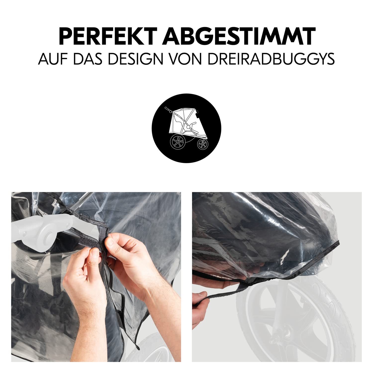 hauck Universal Regenschutz für Dreirad Kinderwagen 58 x 48 x 90 cm, Reflektierend, Kontakt & Belüftungs Fenster, Kompatibel mit Runner & Runner 2, Einfache Klettverschluss Befestigung (Transparent)