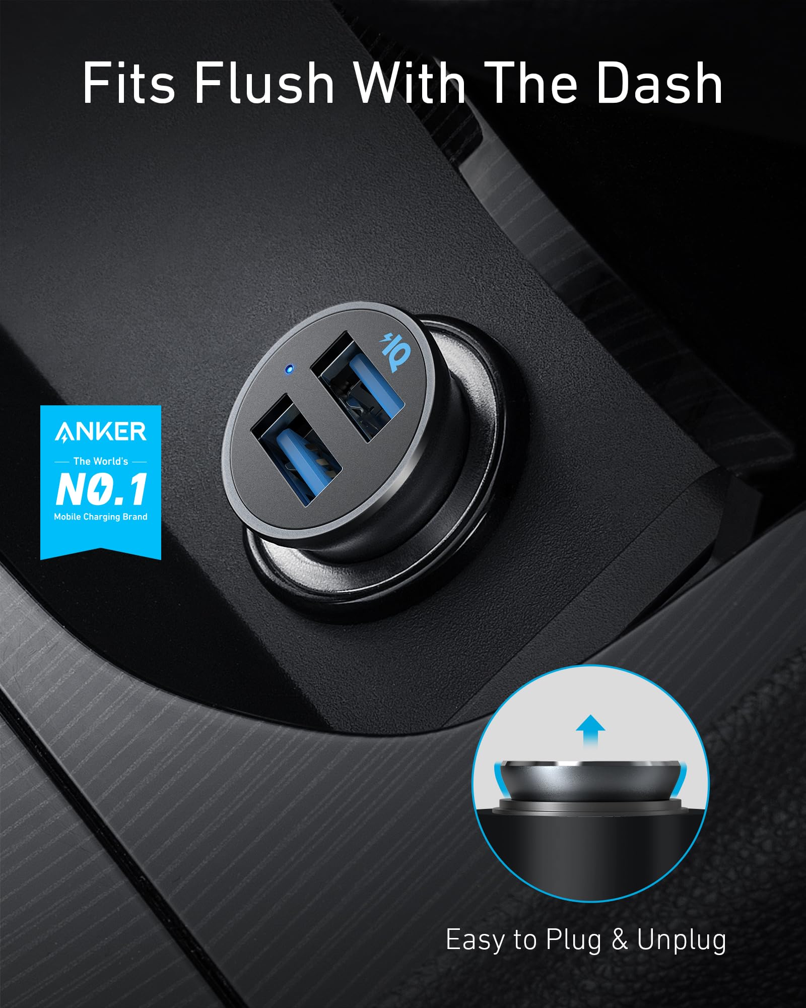 Anker 24W Car Charger Ladegerät, Mini Autoladegerät, 4.8A Duales USB Mit Blauem LED-Licht, Kompatibel Mit iPhone15/14/13, iPad Pro/Air 2/Mini, Galaxy und Mehr