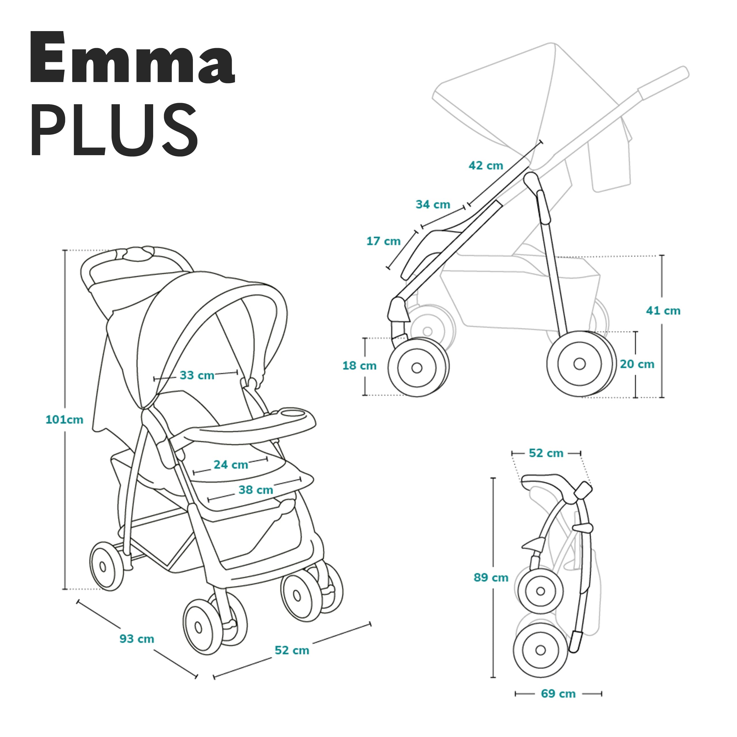 LIONELO Emma Plus Kinderwagen bis zu 15 kg, Kindersportwagen, leicht modern klein Buggy mit Liegeposition, zusammenklappbar, große Räder, großer Korb, Tasche Stone