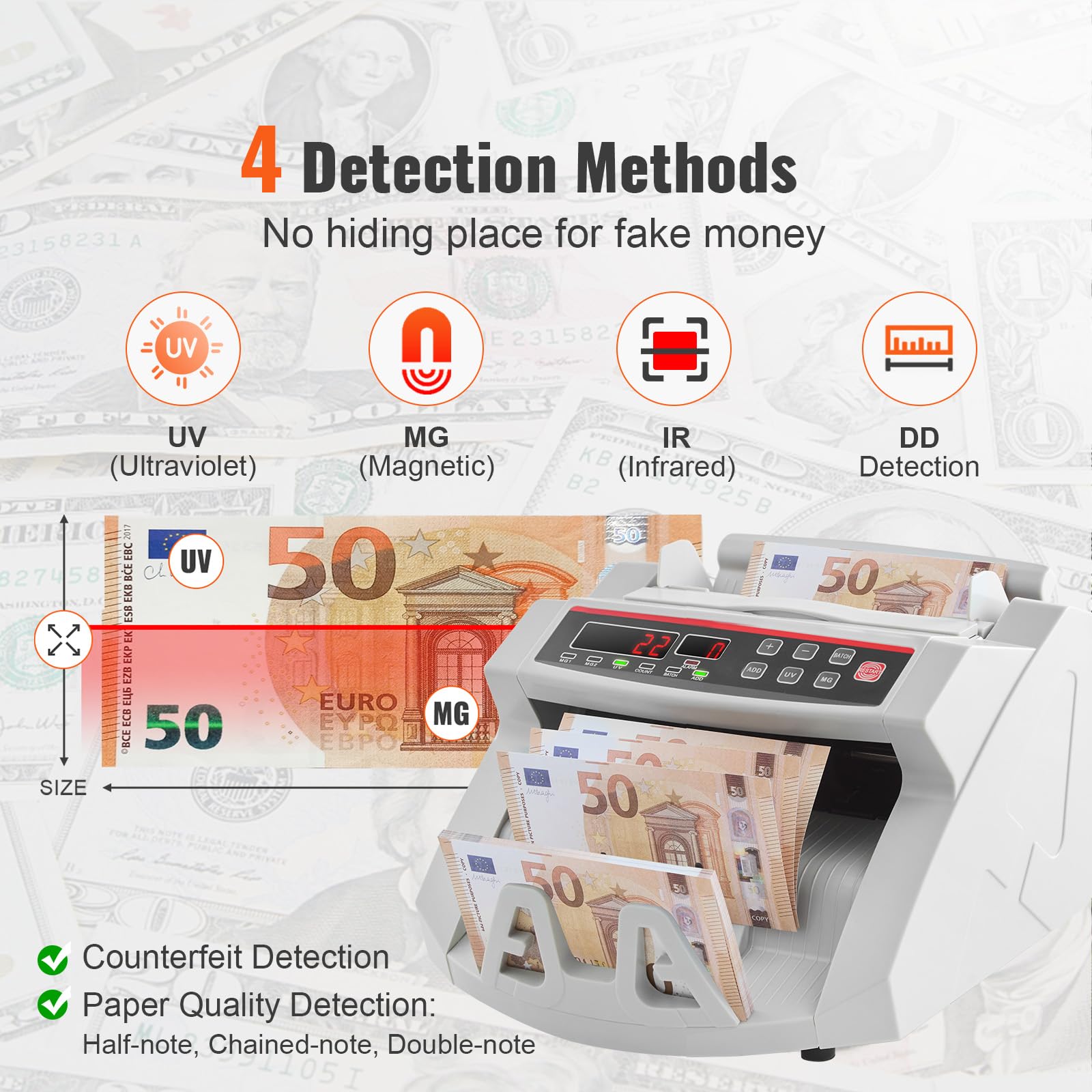 VEVOR Geldscheinzähler mit LED-Display und professionellem Geldscheinzähler mit Falschgeld-Detektor, UV/MG, 1000 Banknoten/Minute, nur Zahl der Blätter