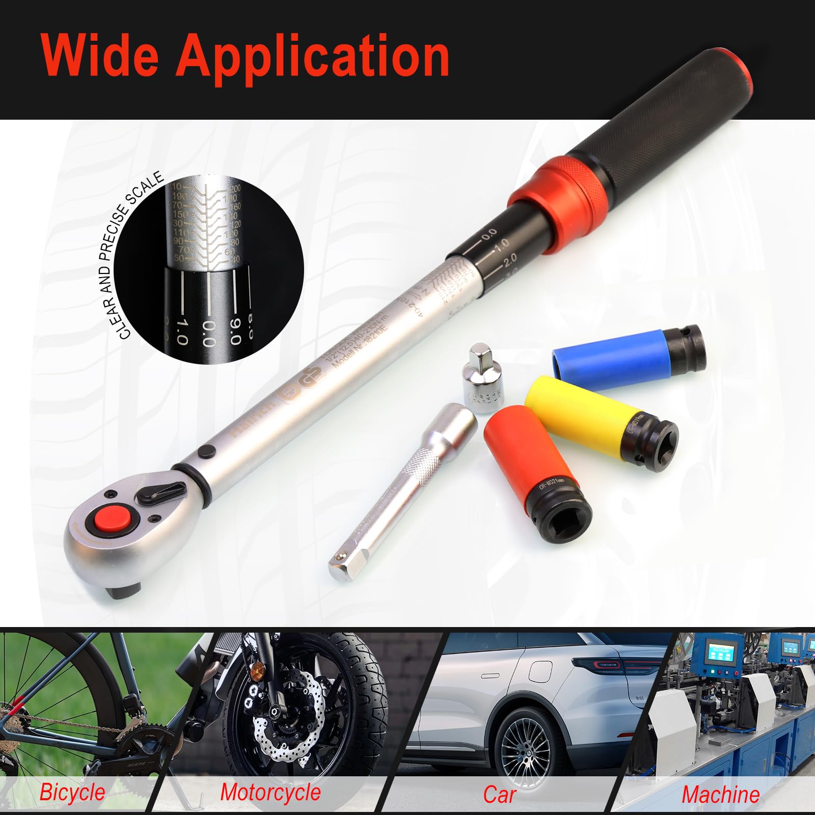 Hairich Drehmomentschlüssel Auto 1/2 Zoll, 40–210 Nm, TÜV Süd GS geprüft, 6-tlg. Drehmomentschlüssel Set mit 125 mm Verlängerung, 1/2"-3/8" Adapter & 3 Stecknüssen – Für Reifenwechsel & Motorrad