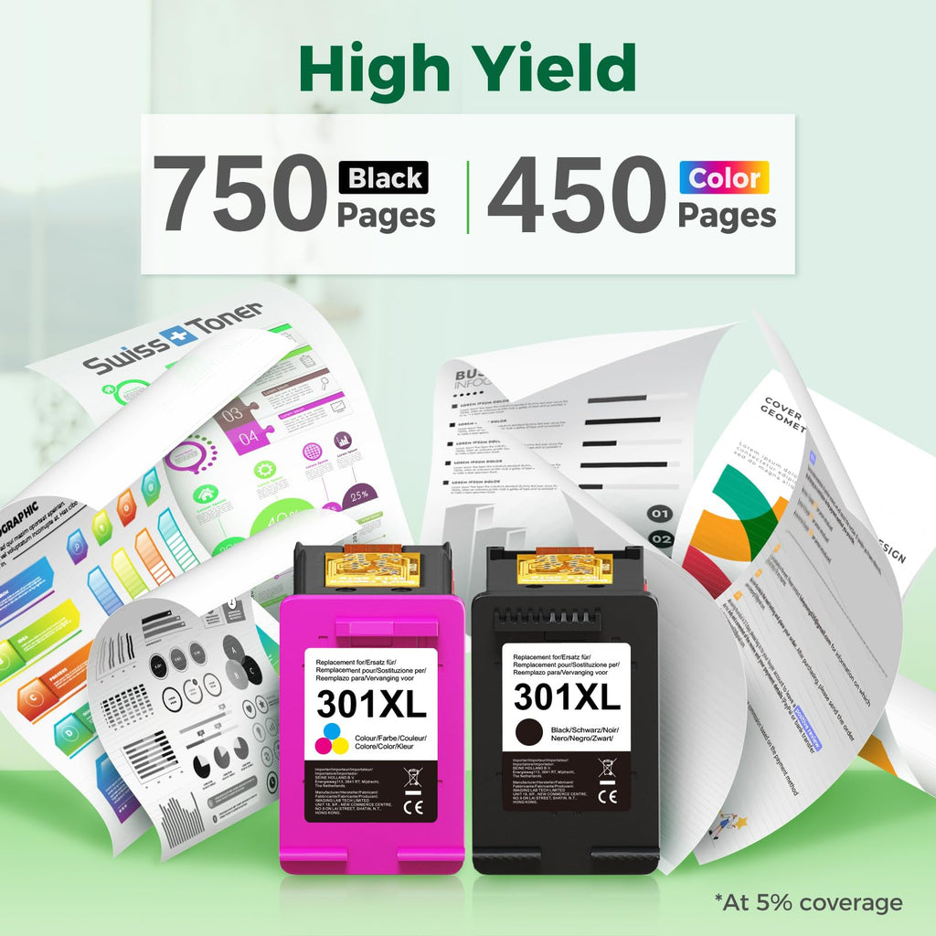 swiss toner 301XL 301 XL Patronen Kompatibel für HP 301 Druckerpatronen Multipack Schwarz und Farbe für HP Envy 4500 5530 Deskjet 3050 2540 2050 Officejet 2620 4630 (2-Pack)