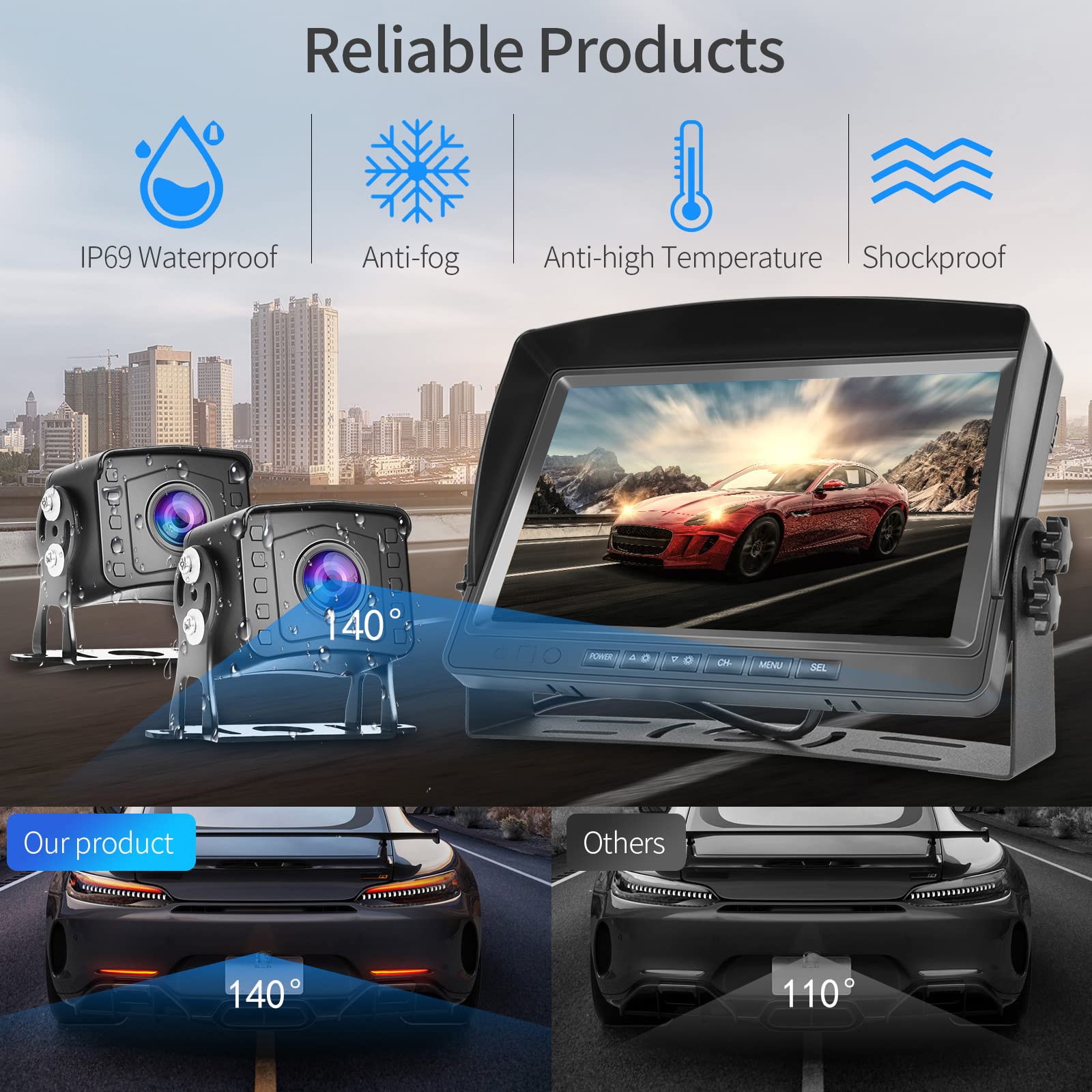 Hodozzy Dual Backup Kamera Rückfahrkamera System, Videoaufzeichnung 9 Zoll LCD Monitor DVR, IP69 Wasserdicht Vollfarb-Nachtsicht Auto Kamera mit 2*10m Kabel für LKW/Anhänger/Bus/Van/Wohnmobil 12V-35V
