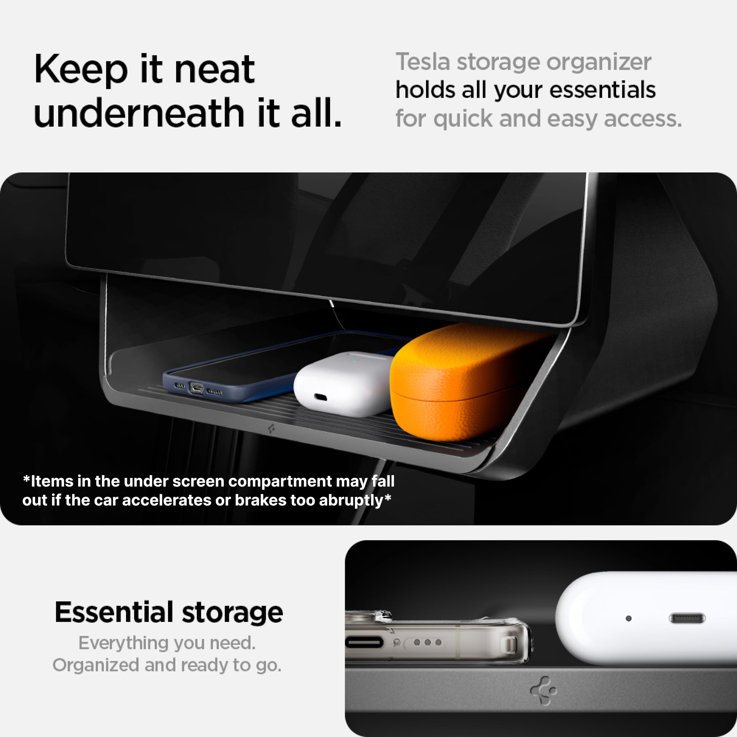 Spigen Tesla Model Y (~2024) und Model 3 (2021-2023) Aufbewahrungsbox unter dem Bildschirm Tablet Organizer Box Tablet Halterung Aufbewahrung entworfen für Tesla Model Y und 3 Zubehör