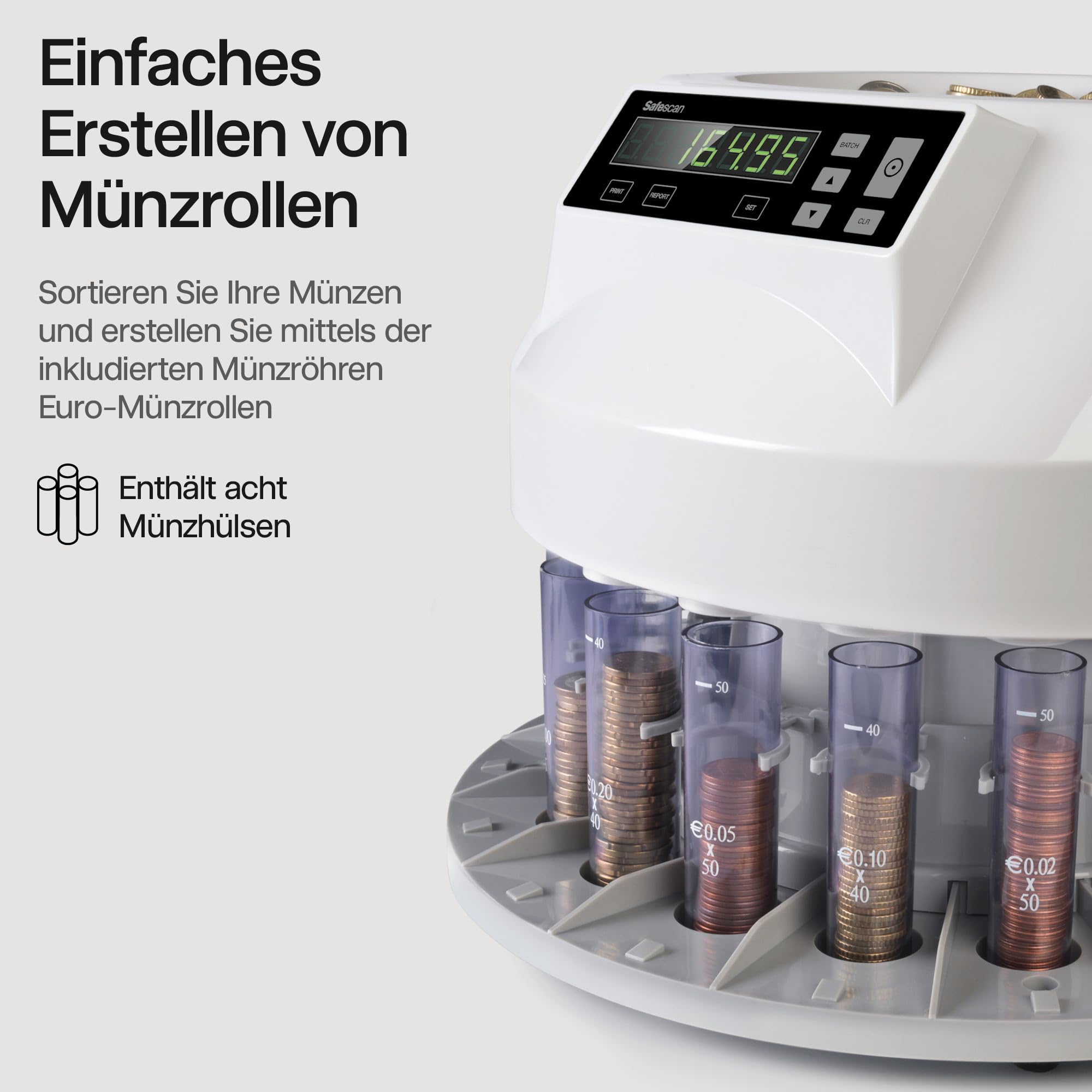 Safescan 1250 EUR Münzzähler, der gemischte EUR-Münzen schnell zählt und sortiert - Münzsortierer, sortiert Münzen nach Stückelung - Geldzählmaschine für das Zählen von Münzen