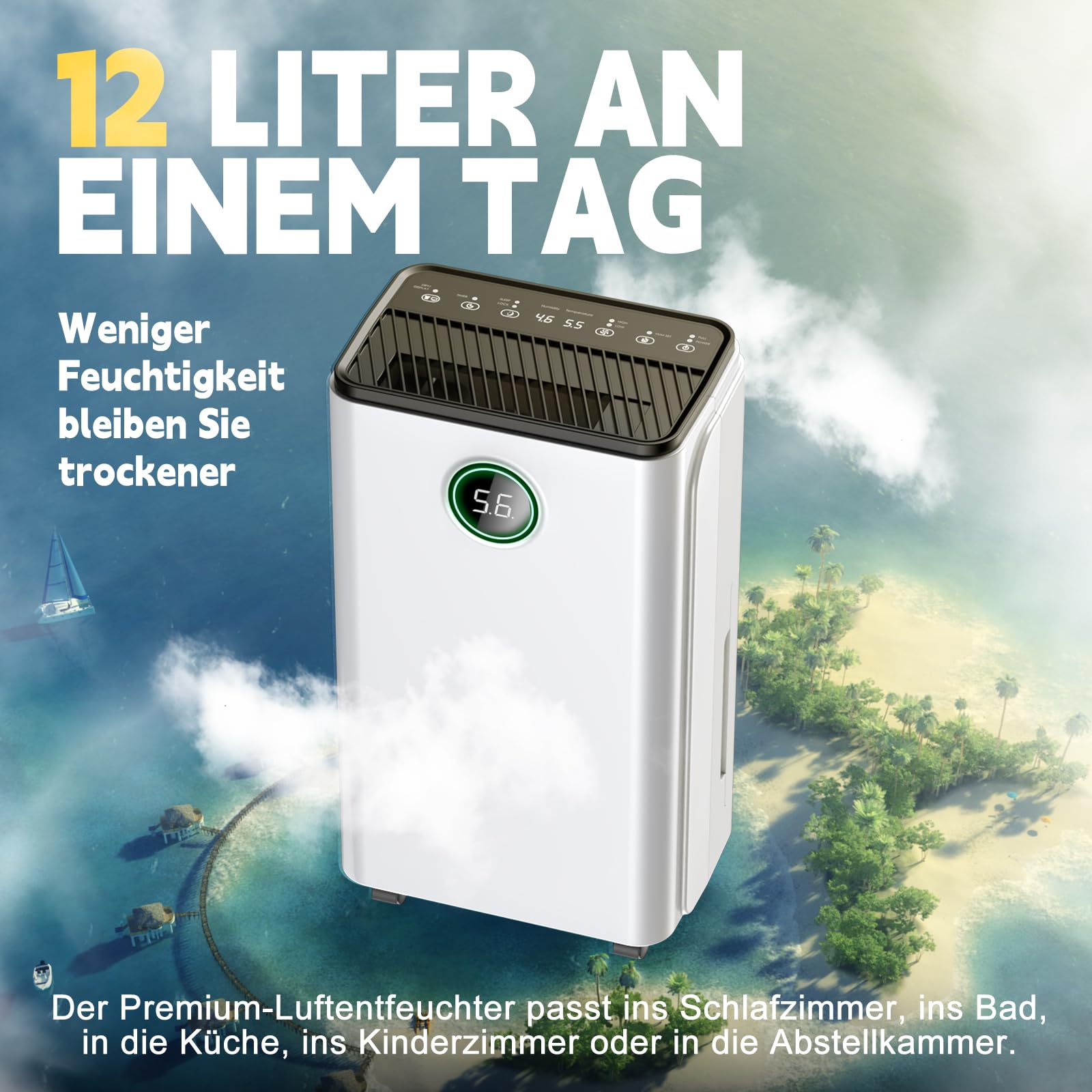 Luftentfeuchter, Auto Entfeuchtung, Raumentfeuchter Elektrisch 25m²/122m³, Luftentfeuchter mit LED Display und Wasserbehälter-Vollanzeige, Gegen Feuchtigkeit, Filter, Timer, 10 J. Gar
