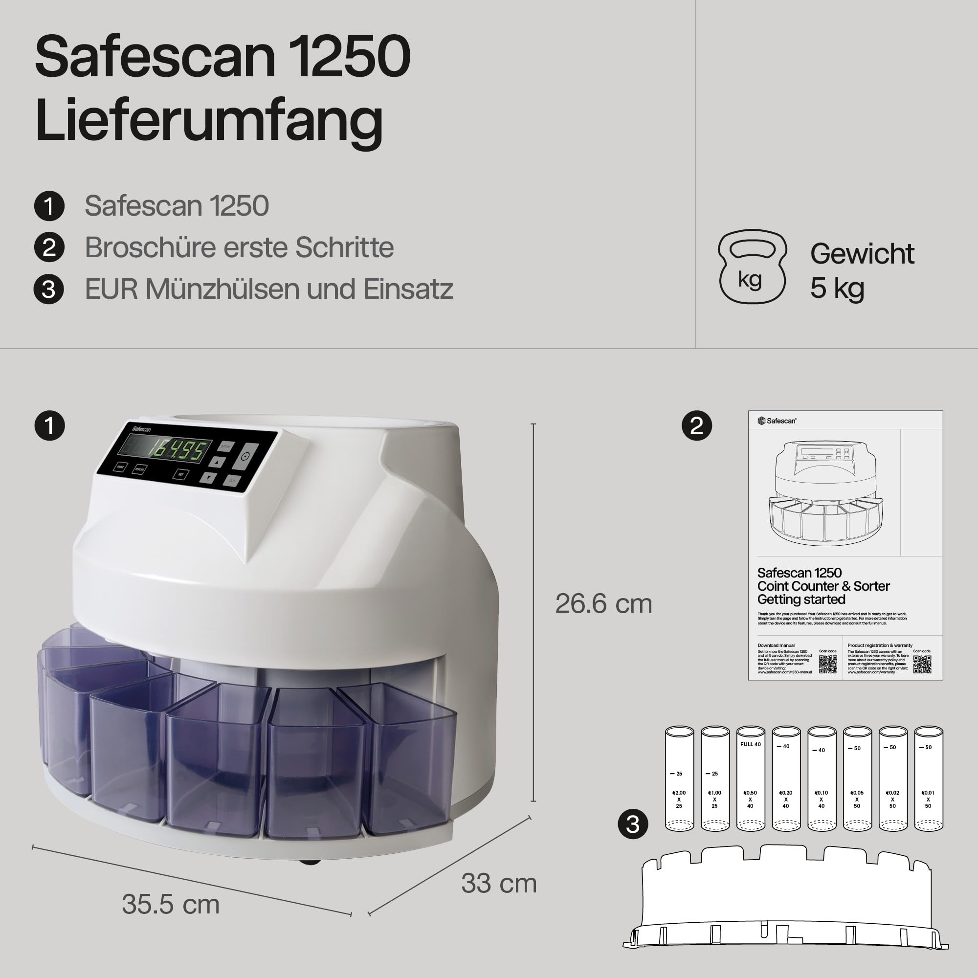 Safescan 1250 EUR Münzzähler, der gemischte EUR-Münzen schnell zählt und sortiert - Münzsortierer, sortiert Münzen nach Stückelung - Geldzählmaschine für das Zählen von Münzen