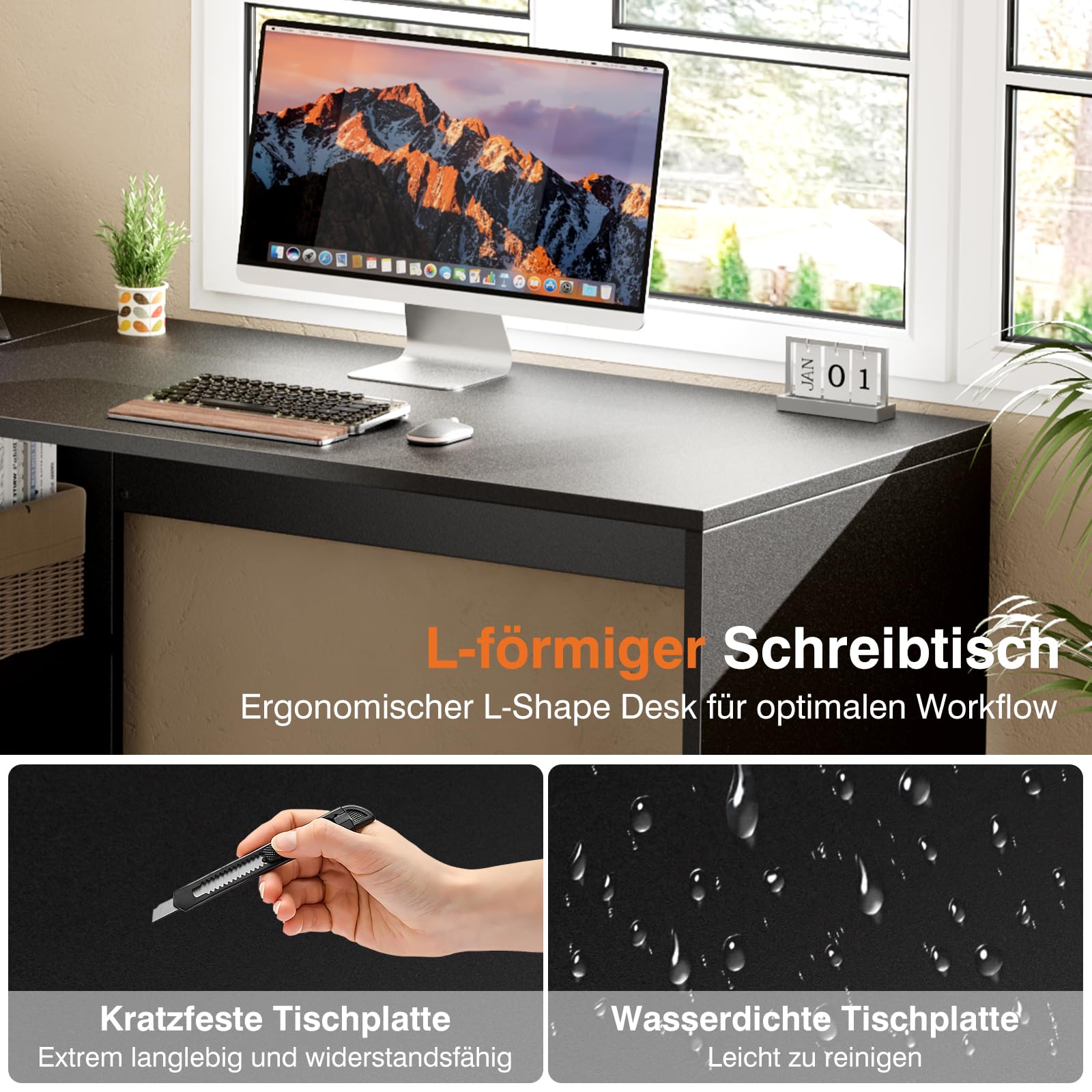 Sweetcrispy L-Form Schreibtisch mit Regal & Schrank, 120x100x75cm Eckschreibtisch, Starker Gaming Tisch mit Ablageflächen, Einfacher Montage, Schwarz