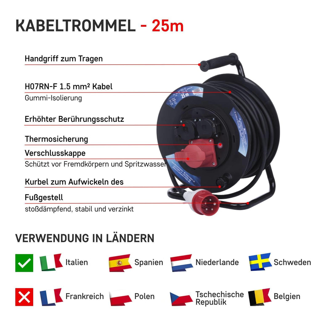 EMOS - CEE-Kabeltrommel 25m - 3 Steckdosen (1 CEE, 2 Schuko) - wasserdicht - 230 V/400 V, 13 A, 3000 W/5000 W - Gummi-Isolierung - H07RN-F 1,5 mm2 - IP44 für Außenbereich & Camping