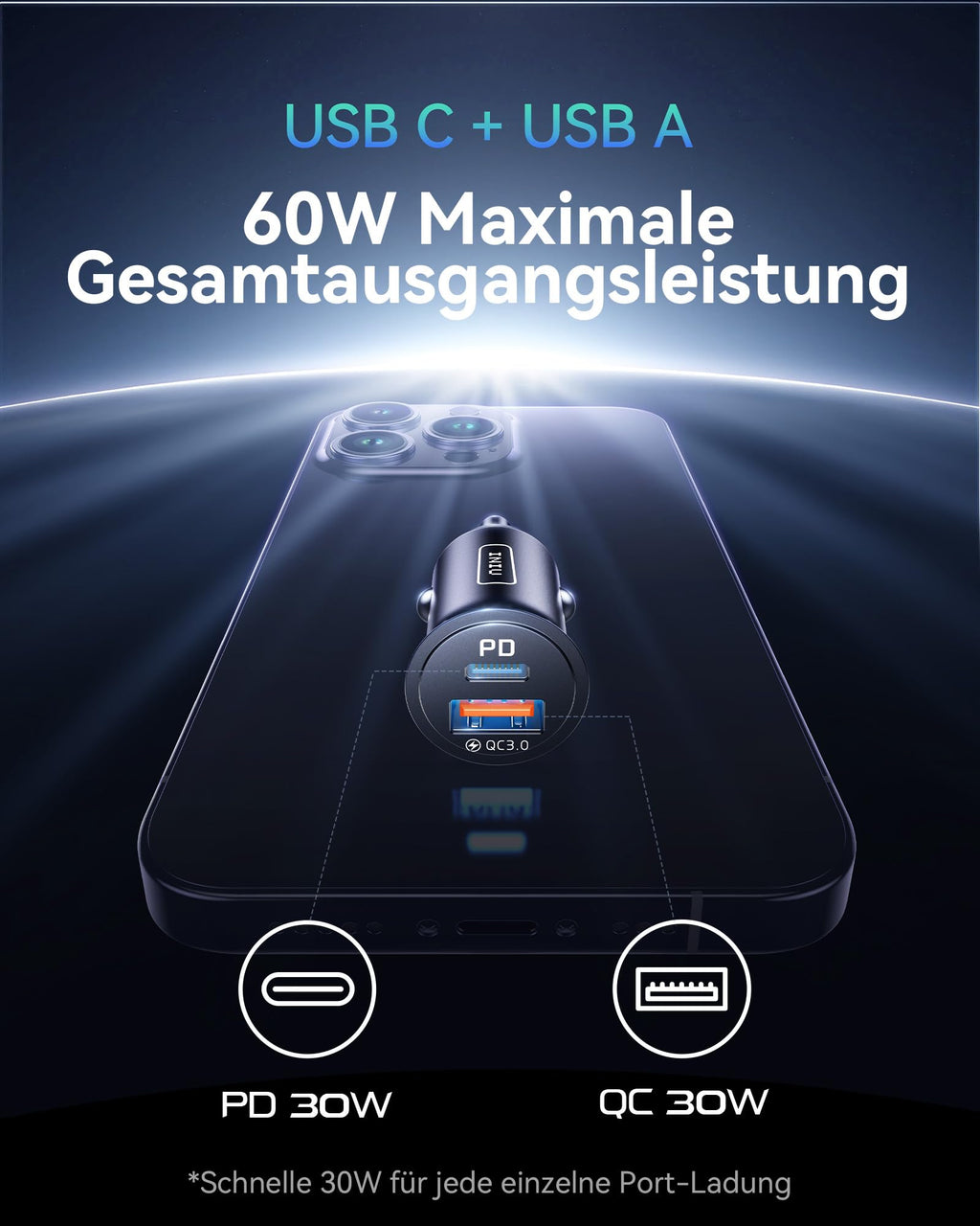 INIU Zigarettenanzünder, 12V USB C Adapter 60W Auto PD & QC 3.0 Kfz Ladegerät, Auto Ladegerät Adapter USB Zigarettenanzünder Verteiler Steckdose mit iPhone 16 15 14 13 Pro Max iPad Samsung S24 S23