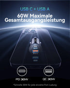 INIU Zigarettenanzünder, 12V USB C Adapter 60W Auto PD & QC 3.0 Kfz Ladegerät, Auto Ladegerät Adapter USB Zigarettenanzünder Verteiler Steckdose mit iPhone 16 15 14 13 Pro Max iPad Samsung S24 S23