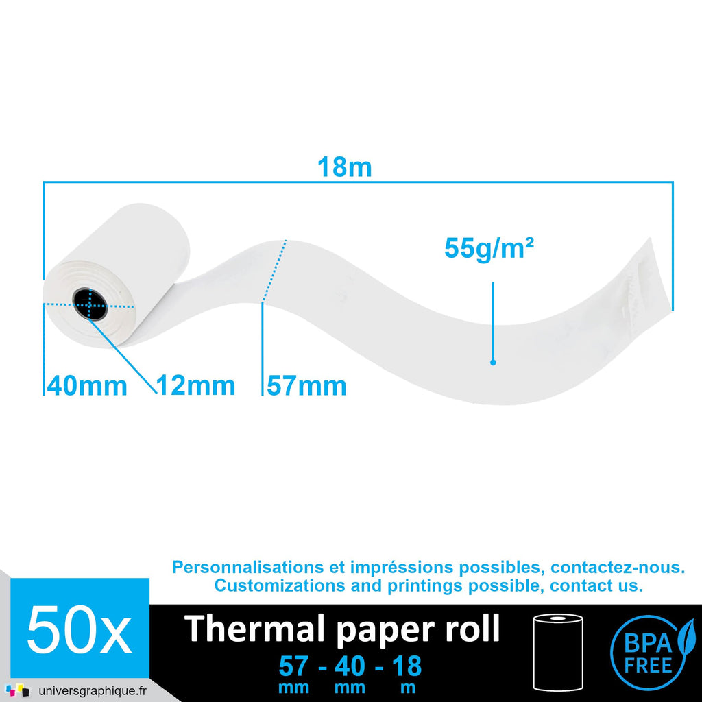 50 EC-Cash Thermorollen 57 x 40 x 12 für EC-Geräte mit Thermodrucker, Thermopapier EC-Cash Bonrolle, Bisphenol-A frei Ø40 mm