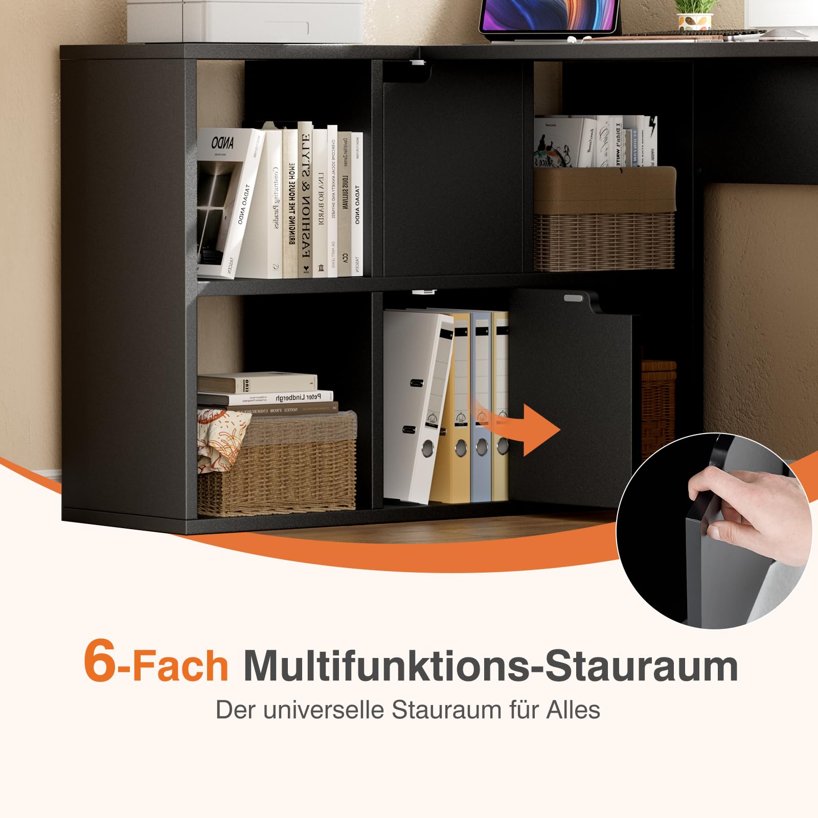 Sweetcrispy L-Form Schreibtisch mit Regal & Schrank, 120x100x75cm Eckschreibtisch, Starker Gaming Tisch mit Ablageflächen, Einfacher Montage, Schwarz