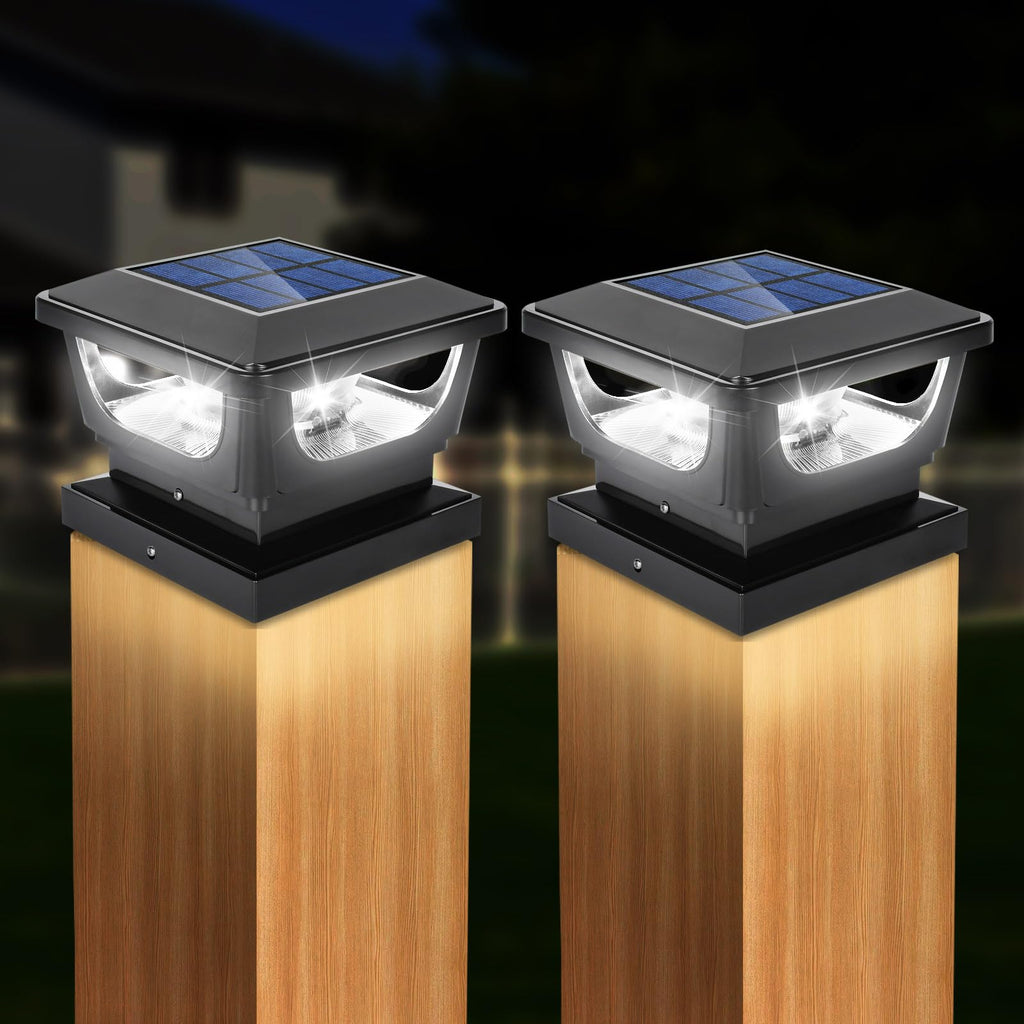 GEYUEYA Home 2pcs Solar Pfostenkappe 7x7 8x8 9x9 10x10, Pfostenleuchte Zaunpfosten Beleuchtung Pfostenlampen Außen Post Cap Light, IP65 für Pfosten, Zaun (Größe: 7.6 bis 10.1cm), Schwarz
