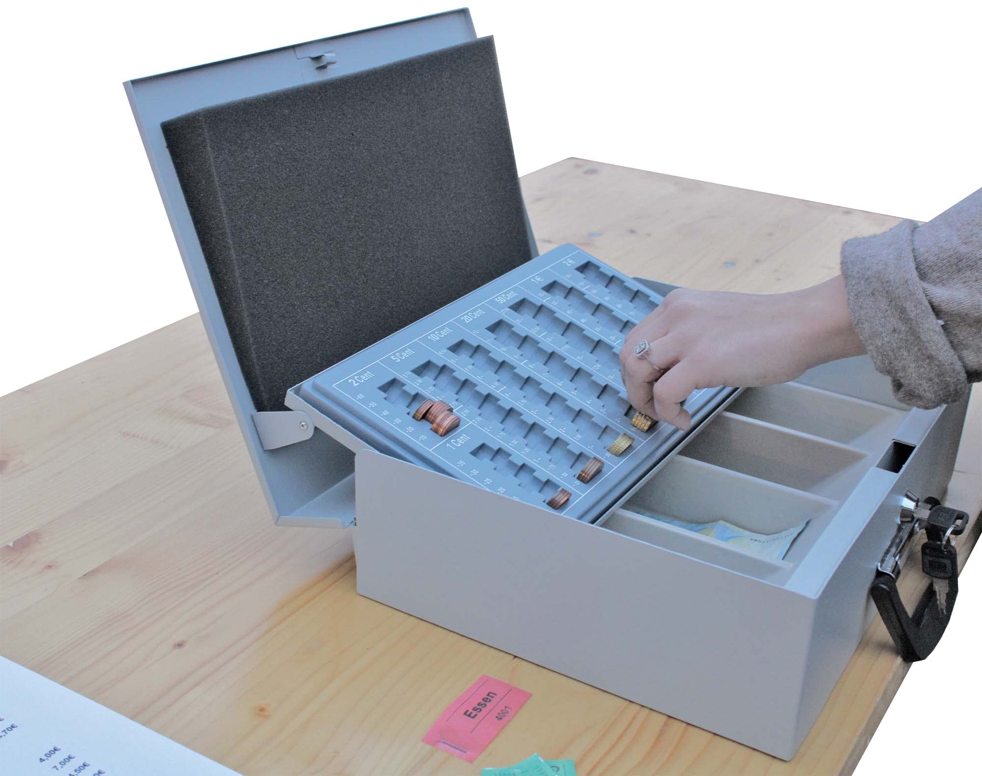 Wedo Geldzählkassette Universa kombiniertes Stahlblechprogramm für Hart- und Papiergeld mit 2 tragbaren Griffen stabiler Coinsafeeinsatz 4-Fächer für Scheine 35,5 × 27,5 × 10 cm