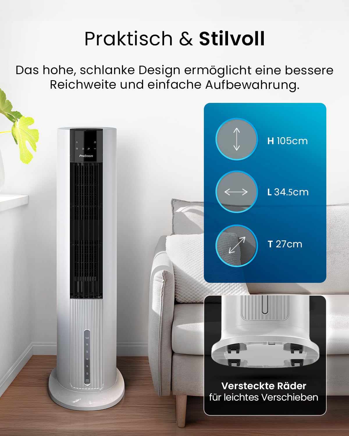 Pro Breeze OmniAir Turmventilator mit Wasserkühlung - Luftkühler mit Fernbedienung, 4 Modi, 4 Gebläsestufen - Ventilator leise - Mobile Klimaanlage ohne Abluftschlauch - Verdunstungskühler, 7L