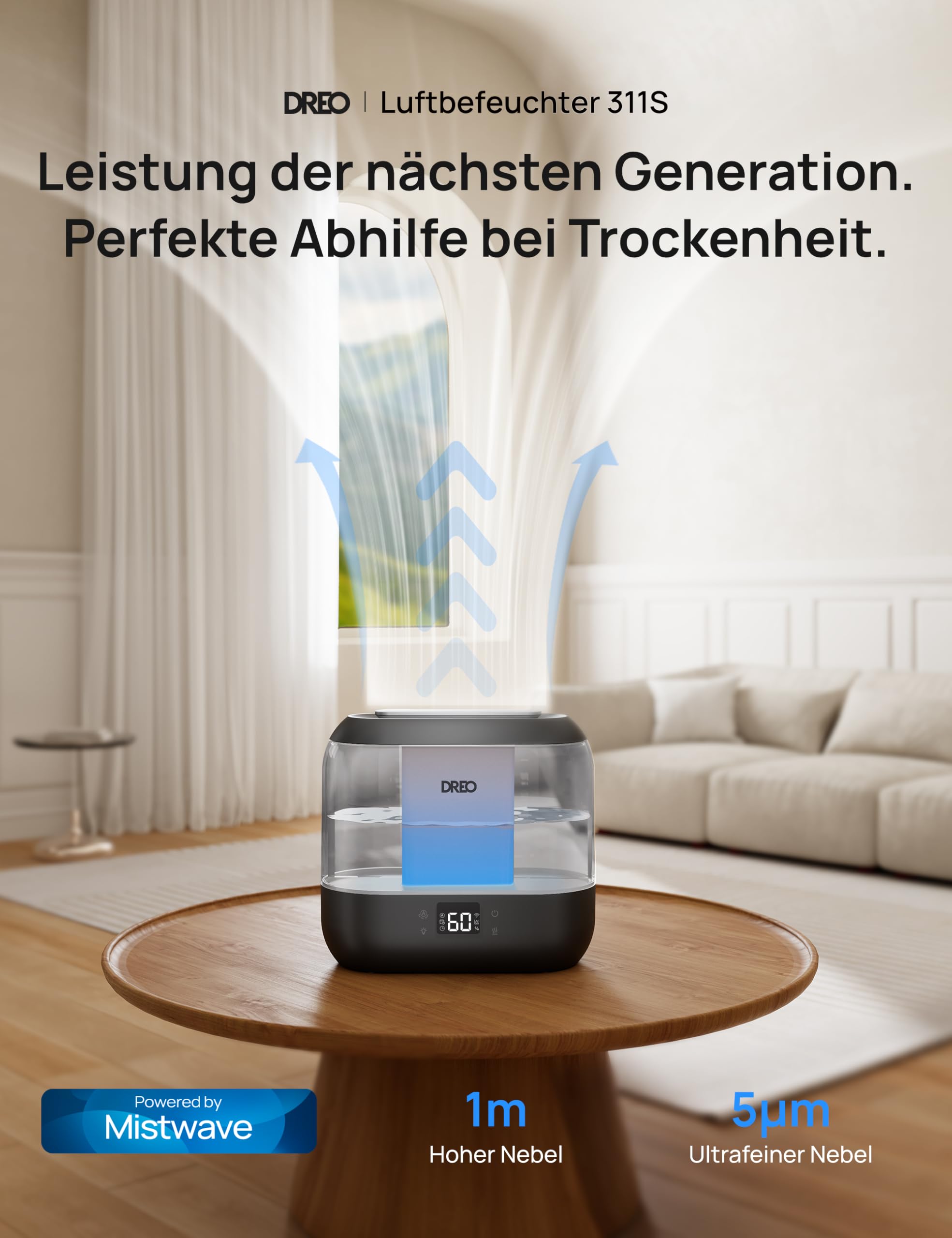 Dreo Smart Luftbefeuchter für Schlafzimmer, oben befüllbarer 4L Supergroßer Kühler Nebel Humidifier mit Öl Diffusor und Nachtlicht, 36 Stunden Laufzeit, leiser Ultraschall Luftbefeuchter Zuhause