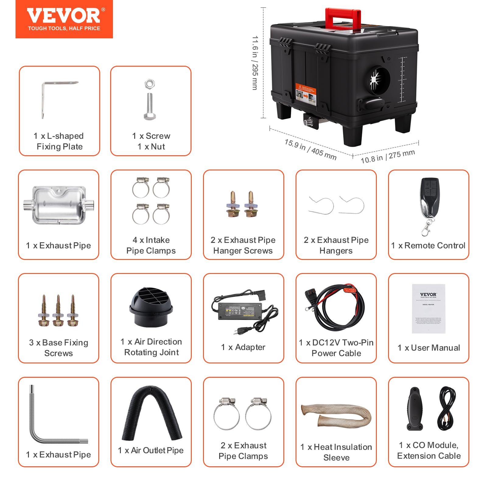 VEVOR 8 kW Dieselheizung 12 V /24 V All in One Diesel-Luftheizung, mit Bluetooth App Steuerung & Fernbedienung& Anzeigebildschirm & CO-Alarm, schnell aufheizende tragbare Dieselheizung für Fahrzeuge
