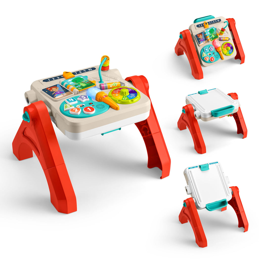 Fisher-Price Lernspaß-Spielzeug für Babys und Kleinkinder, entwicklungsfördernder 4-in-1 Spieltisch und Staffelei mit Musik ab 6 Monaten, mehrsprachige Version, JGW87