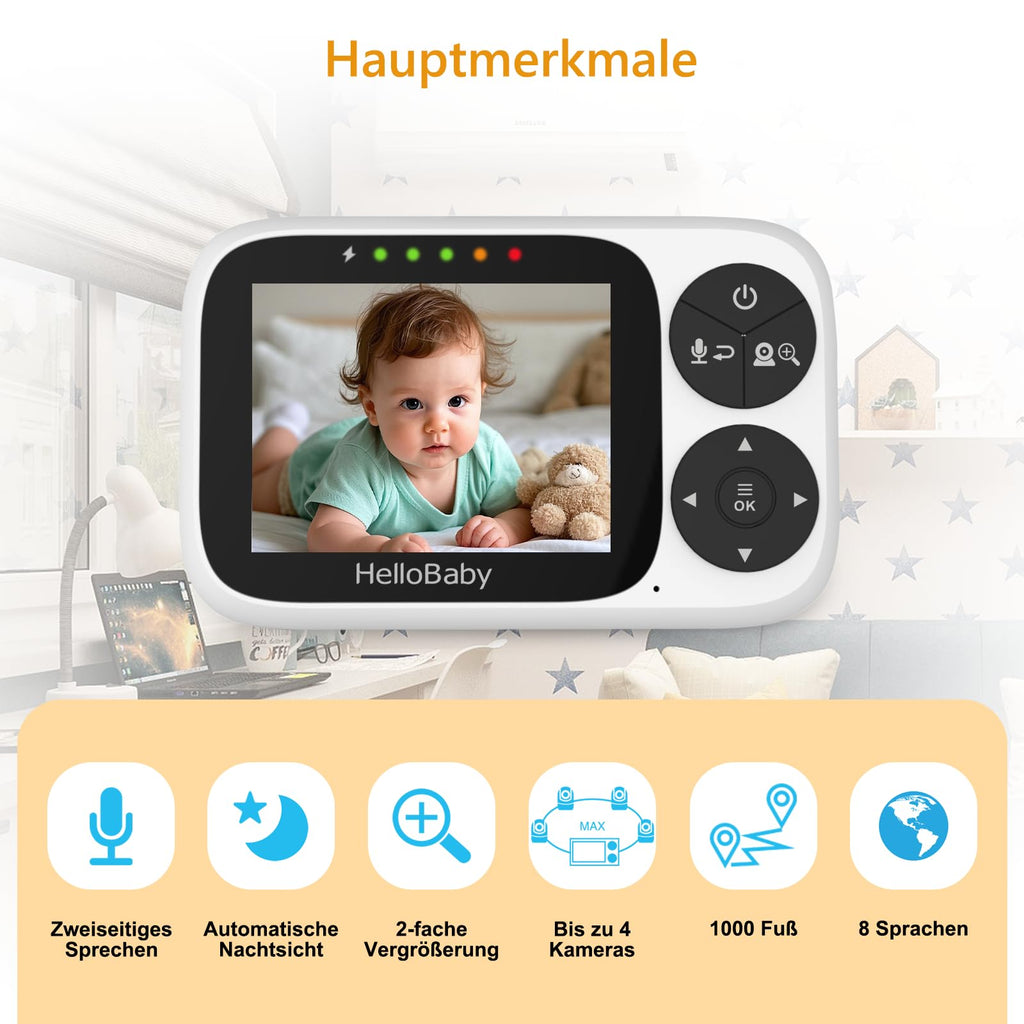HelloBaby Babyphone mit Kamera, 3,2-Zoll-IPS-Bildschirm, Nachtsicht, Babyphone ohne WLAN, Schwenken, Neigen Zoomen Temperaturüberwachung, 2-Wege-Audio, Schlaflied, Alarm