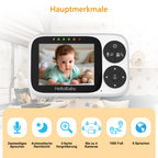 HelloBaby Babyphone mit Kamera, 3,2-Zoll-IPS-Bildschirm, Nachtsicht, Babyphone ohne WLAN, Schwenken, Neigen Zoomen Temperaturüberwachung, 2-Wege-Audio, Schlaflied, Alarm