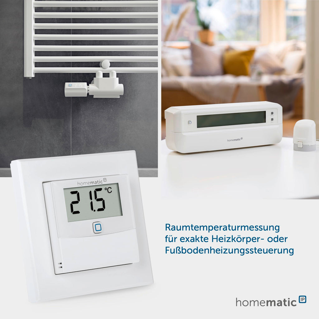 Homematic IP Smart Home Temperatur- und Luftfeuchtigkeitssensor mit Display – innen, steuert Heizkörper/Fußbodenheizung per App, Alexa, Google Assistant, Temperaturmessung, Energie sparen, 150180A0