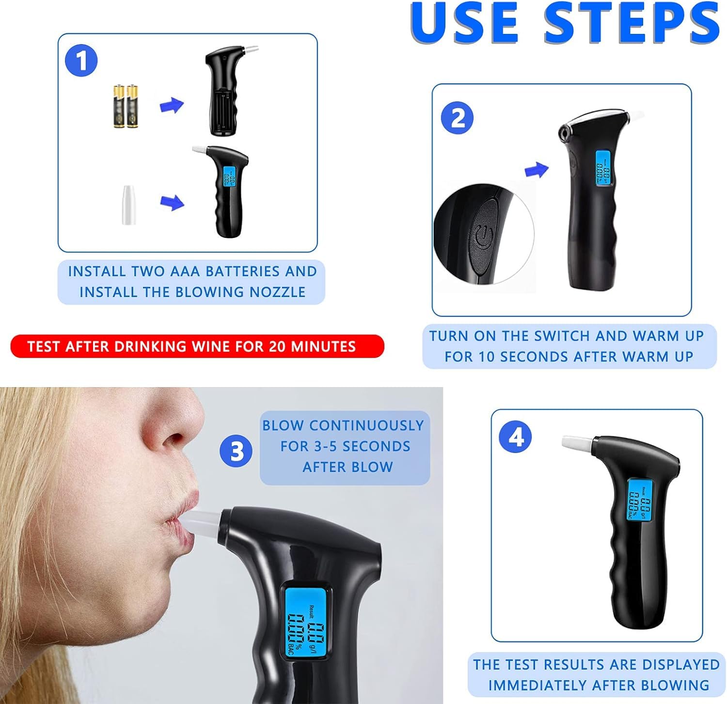 RUTIDA Alkoholtester, Promillemessgerät Polizeigenau Alkoholmessgeräte mit 14 Mundstücken, Professioneller Alkohol Tester mit Digitaler LCD Bildschirm