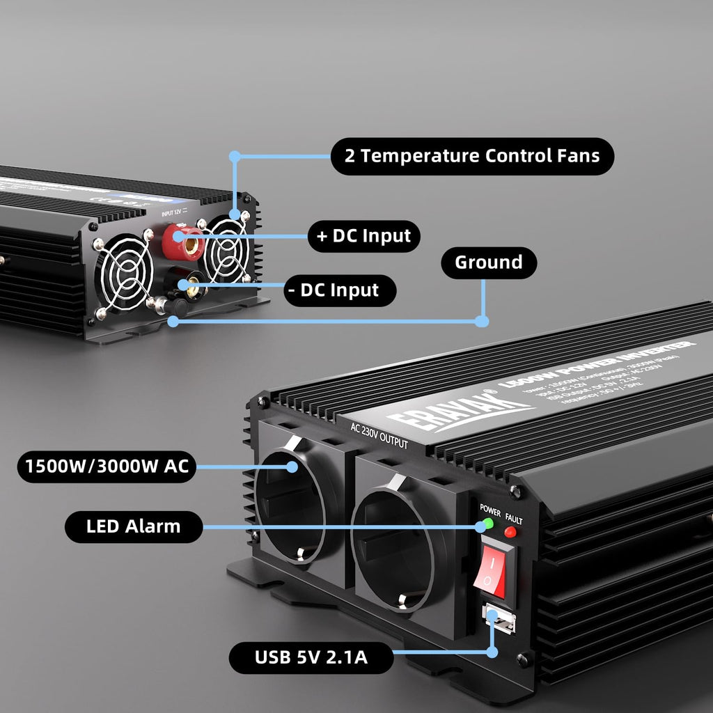 ERAYAK Spannungswandler 12v 230v 1500W/3000W KFZ Wechselrichter Power Solar Inverter DC AC Steckdose Umwandler Stromwandler Fahrzeuge Wohnwagen Auto Modifizierte Sinus Sine Wave