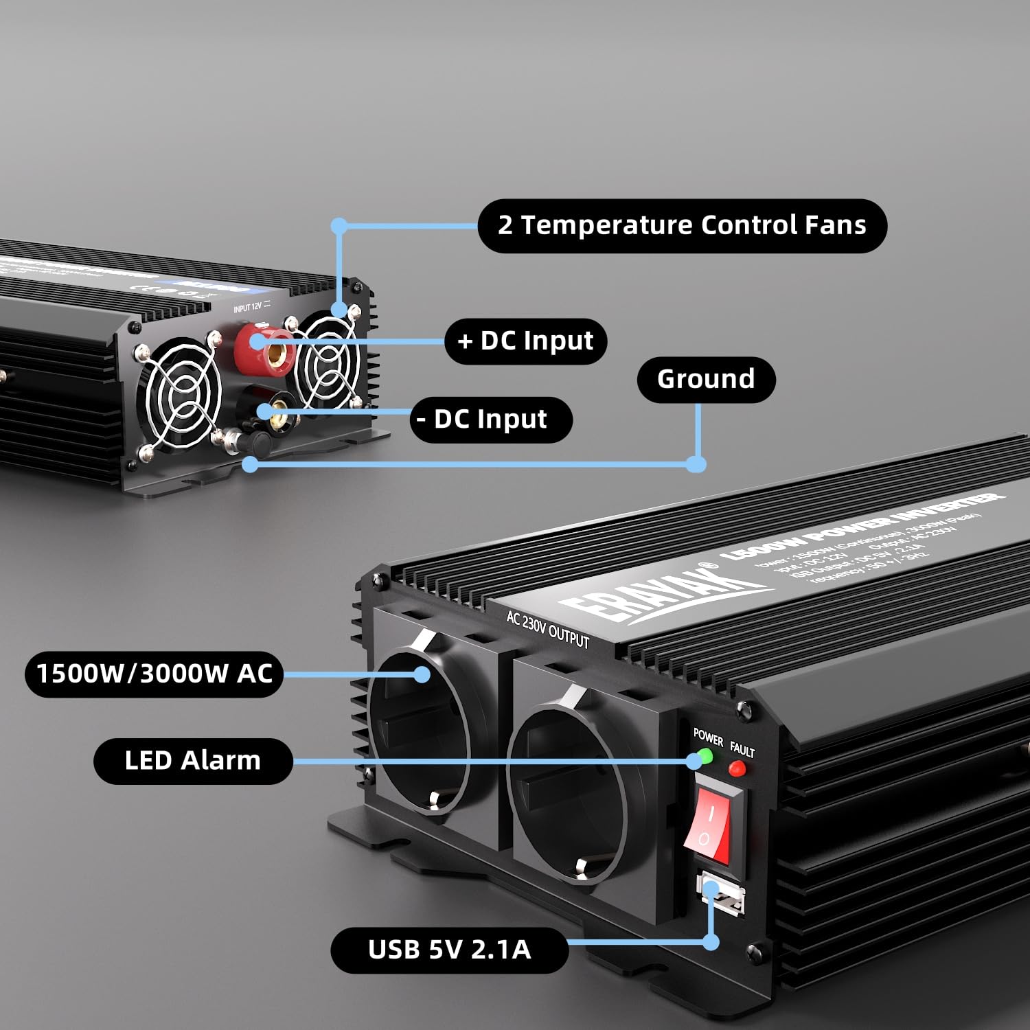 ERAYAK Spannungswandler 12v 230v 1500W/3000W KFZ Wechselrichter Power Solar Inverter DC AC Steckdose Umwandler Stromwandler Fahrzeuge Wohnwagen Auto Modifizierte Sinus Sine Wave