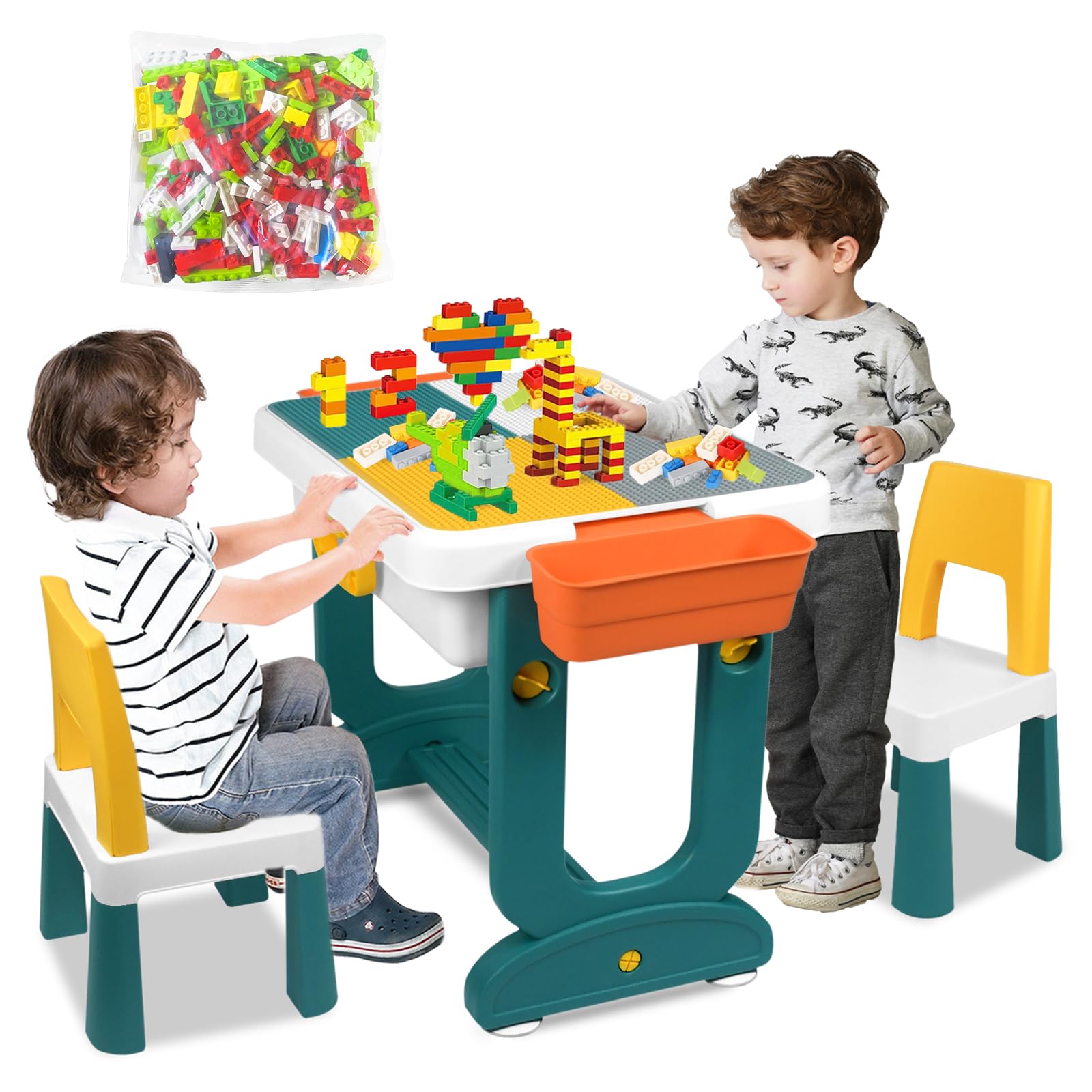 LZQ 5-in-1 Kindertisch mit Stühle Set Kinder Tisch Stuhl Spieltisch mit Bausteine und 2 Stühle Doppelseitiger Tischplatte Multifunktionaler Aktivitätstisch mit Stauraum für Lernen Lernspiele