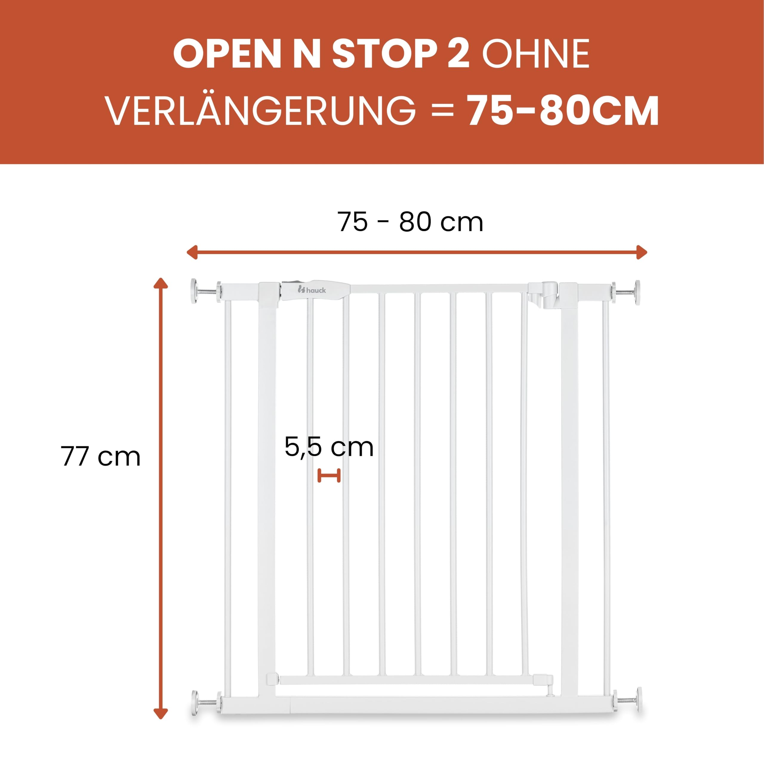 hauck Open N Stop 2, Weiß - Kinderschutzgitter Hundegitter, Verstellbare Breite 75-80 cm, 77 cm Hoch, Beidseitige Einhand Öffnung, ohne Bohren, für Innen