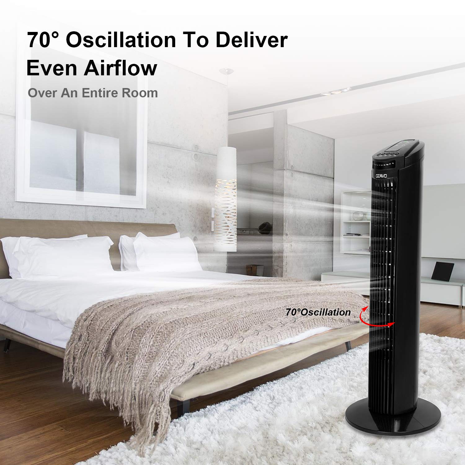 OZAVO Turmventilator, 3 Stufen Ventilator, oszillierend Standventilator, Tower-Ventilator Säulenventilator mit Fernbedienung, 74cm