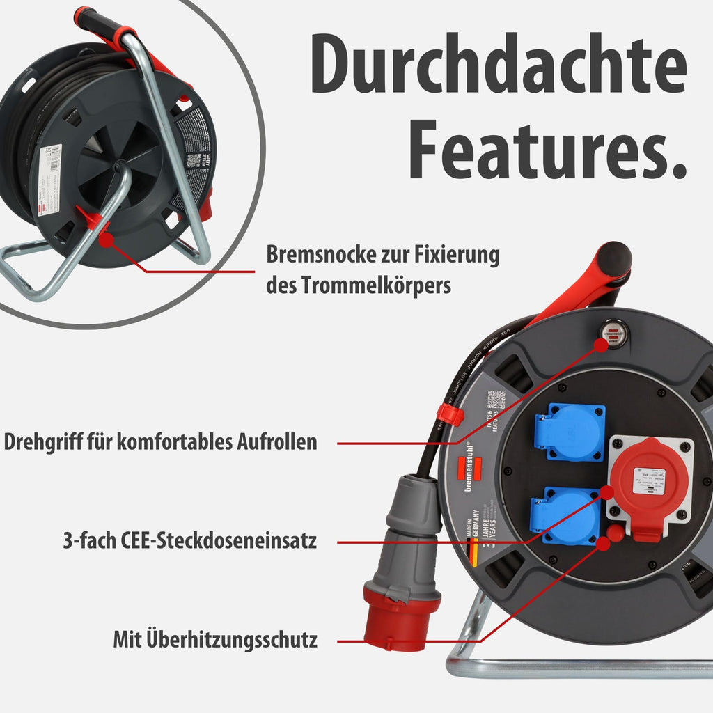 Brennenstuhl Garant CEE 1 V2 IP44 Kabeltrommel (CEE-Kabeltrommel mit 30m Kabel in schwarz, ständiger Einsatz im Außenbereich IP44, Made in Germany)