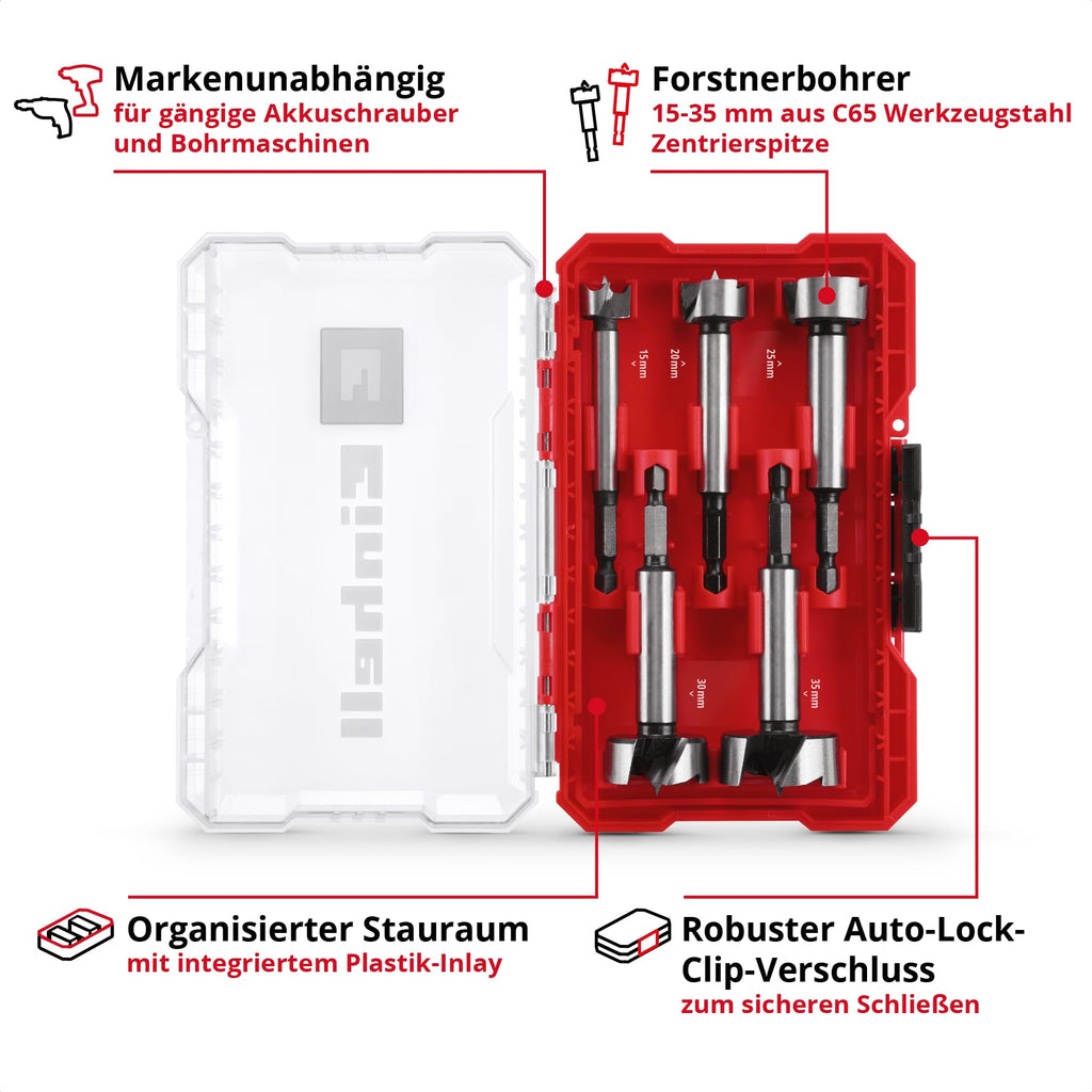 Original Einhell M-CASE 5-tlg. Forstnerbohrer-Set (aus C65 Stahl, E 6.3 Schaft, Querschneide, Zentrierspitze, konische Kopfform, 4-seitig geschlossene Vorschneide inkl. Aufbewahrungsbox)