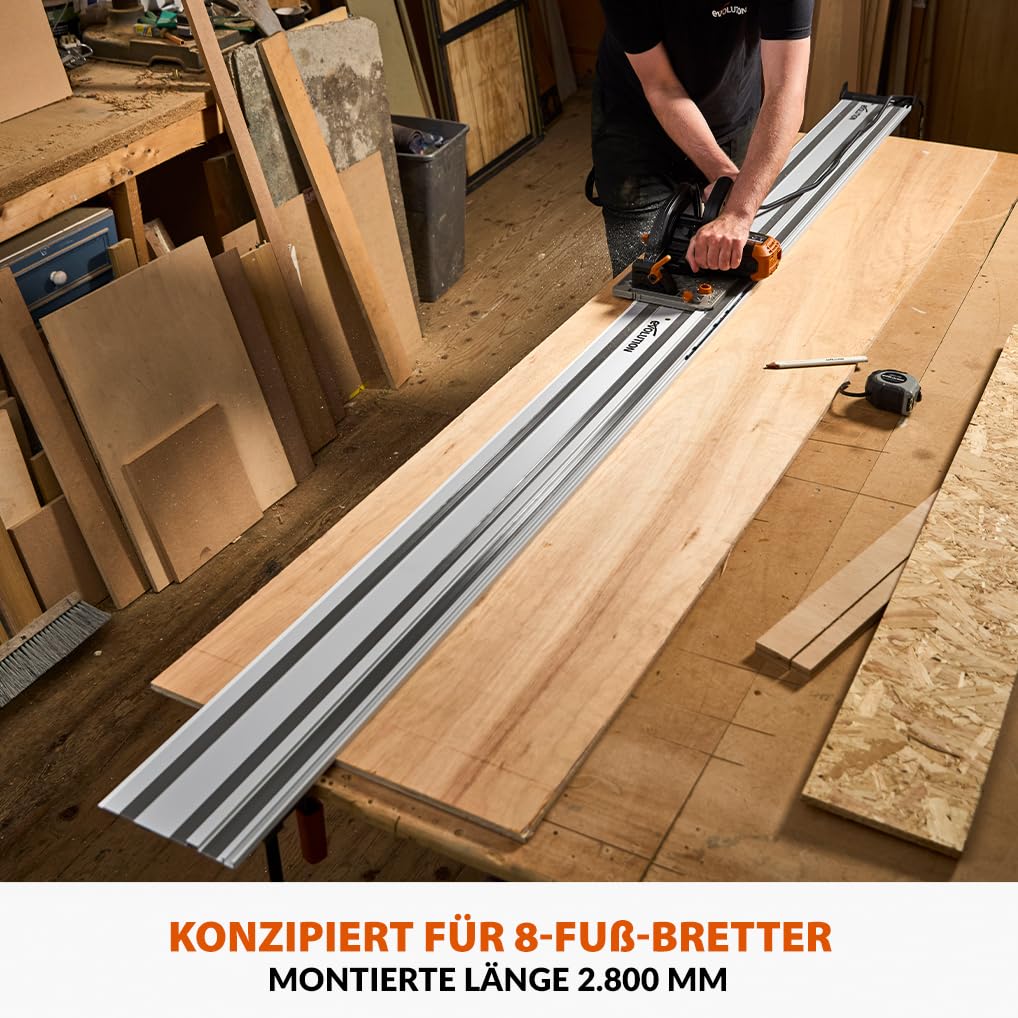 Evolution ST2800-G2 Führungsschiene Kreissägen Universal passend für die meisten Marken Makita, Metabo Bosch, Festool, 2,8m (2 x 1400 mm ) Selbstausrichtende Verbindungsschienen, Endanschlag-Zubehör