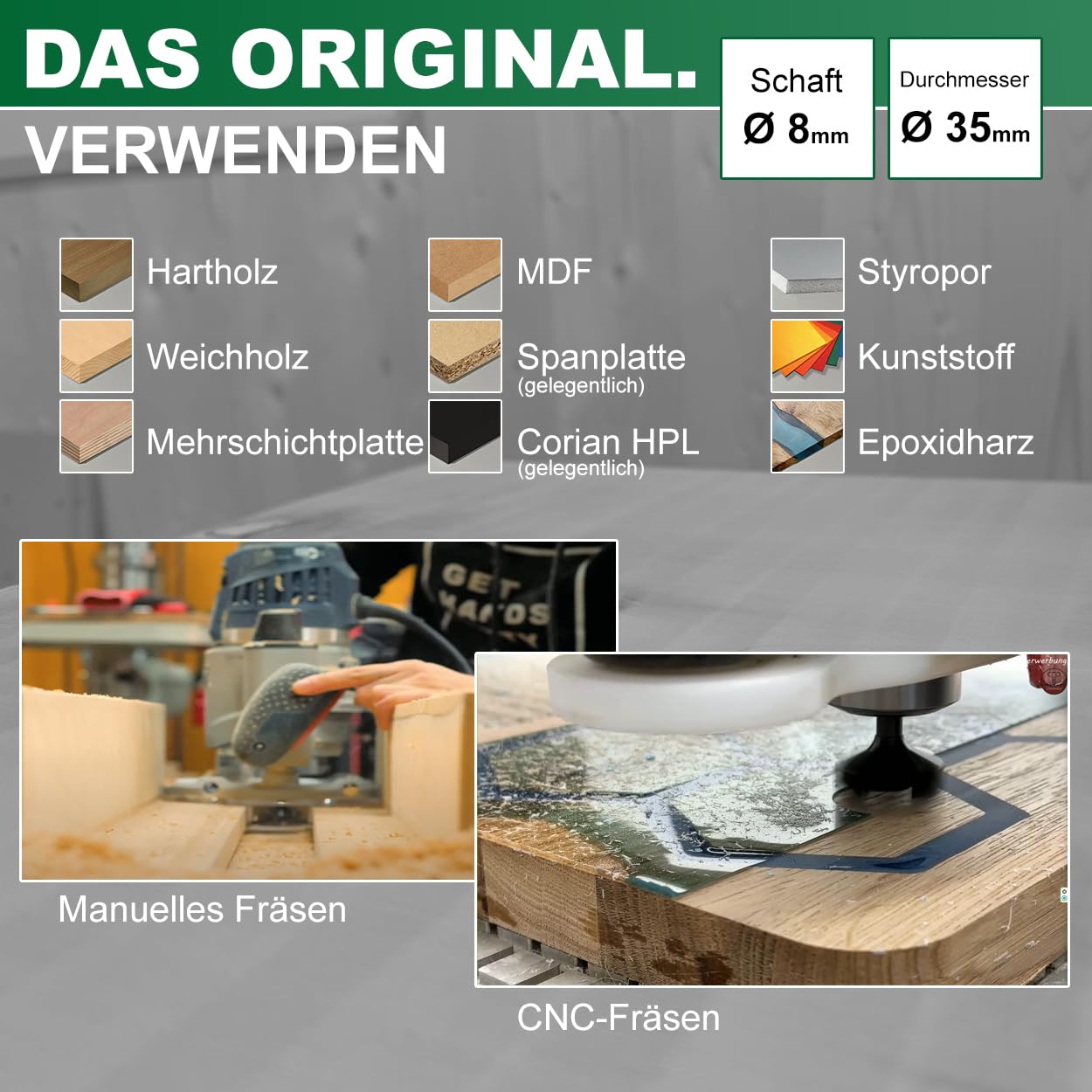 Fraiser Tornado – Planfräser Holz mit Schnittdurchmesser 35 mm und 8 mm Schaft, 3 austauschbaren HM-Wendeplatten – Flächenfräser, Kantenfräser und Nutfräser für CNC und Oberfräse