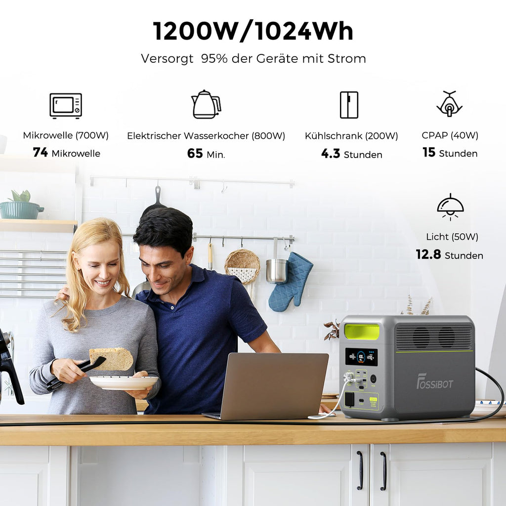 FOSSiBOT Tragbare Powerstation F1200, 1024Wh LiFePO4 Solargenerator mit 2 1200W AC (Spitze 2400W), 100W Typ-C, 0-100% Akku in 45 Min Power Station, für Camping, Wohnmobil, RV, Reisen