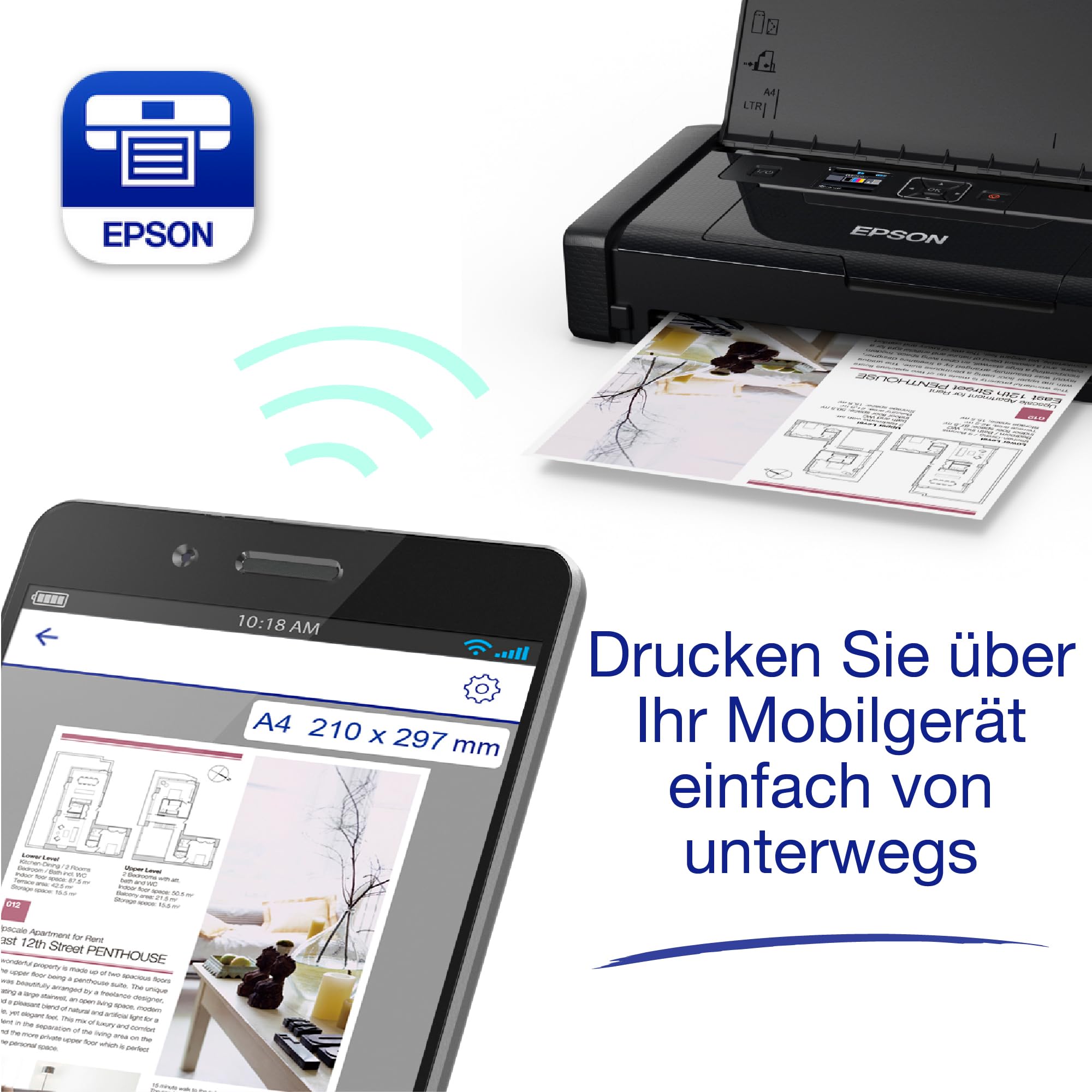 Epson WorkForce WF-110W tragbarer Tintenstrahldrucker (DIN A4, WiFi Direct, Drucker, mobiles Drucken, USB, integrierter Akku, nur 1,6 kg Gewicht) schwarz