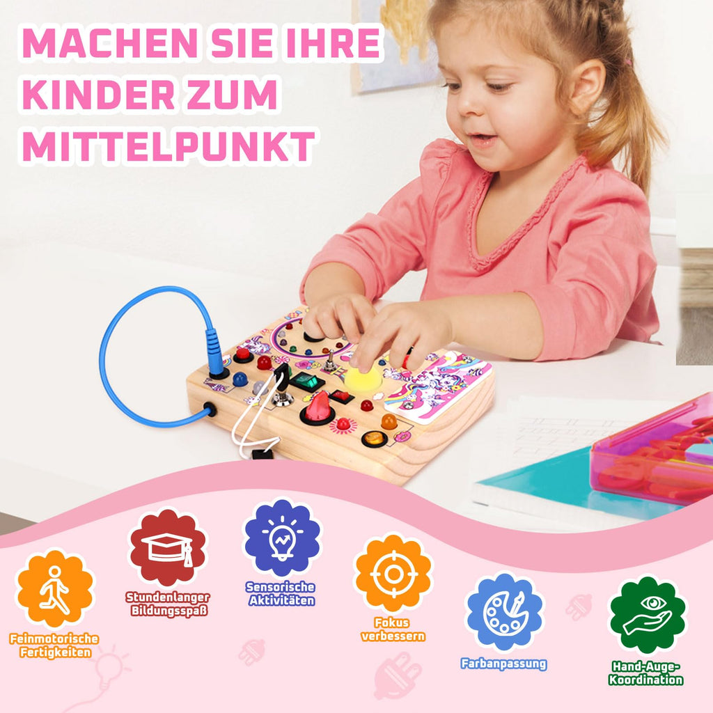 Unicorn Busy Board Montessori Spielzeug ab 1 jahr Activity Board Holzspielzeug Mit 10 Schaltern und 23 LED Lichtern Sensorik Spielzeug Motorikspielzeug für Babys und Kinder ab 1 2 3 4 Jahre Mädchen