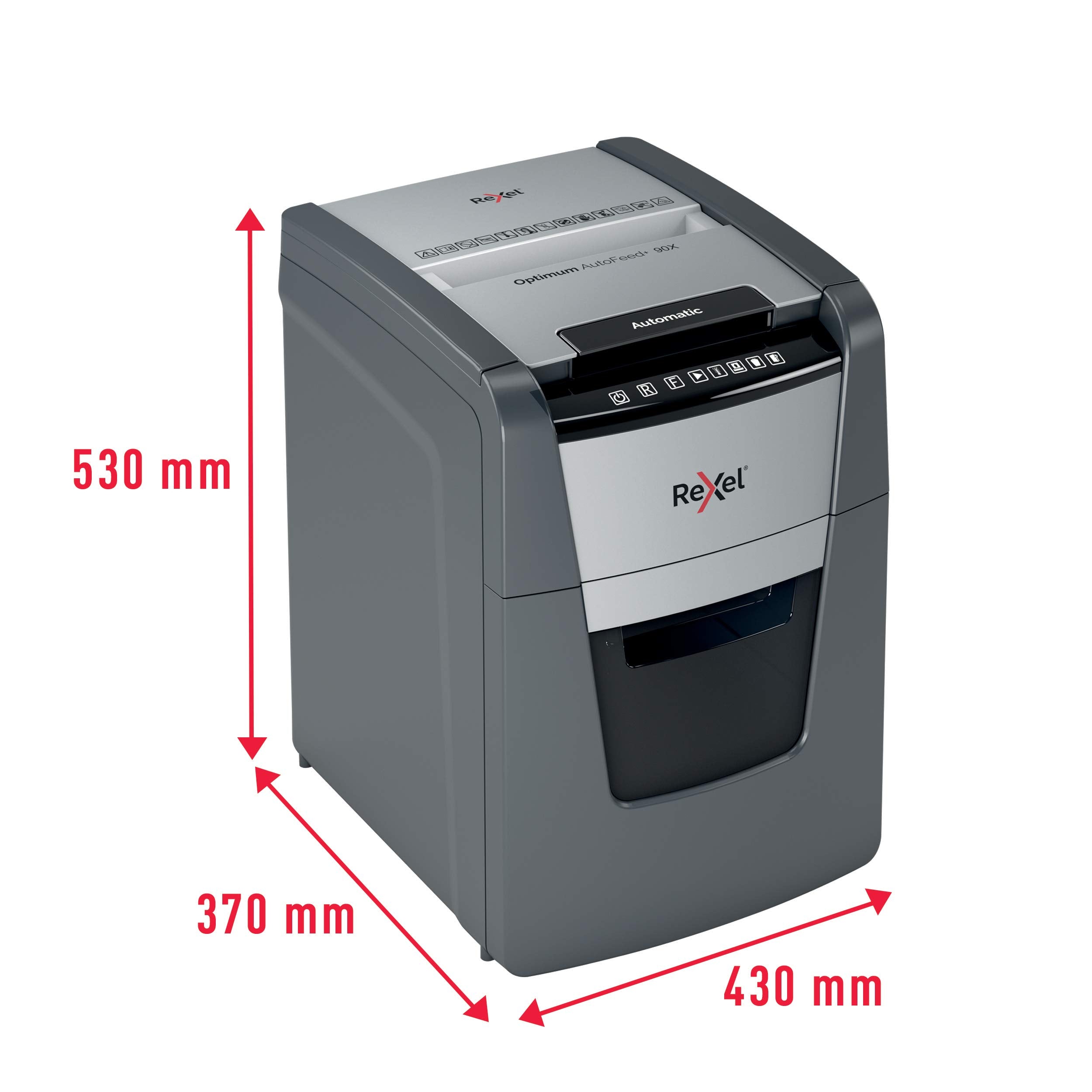 Rexel Optimum AutoFeed+ 90X Automatischer Aktenvernichter, 90 Blatt automatisch, Sicherheitsstufe P4, Partikelschnitt, für Zuhause / Home Office, 34 Liter Abfallbehälter, 2020090XEU