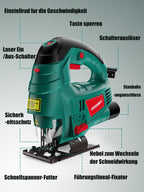 HYCHIKA Stichsäge, 800W Max Holz Schnitttiefe 110mm, 800-3000SPM Elektrische Stichsäge mit Laser, 7 Variable Geschwindigkeiten und 0-3 Orbital Position, 6 Blätter, Fasenschneiden: -45 °bis 45