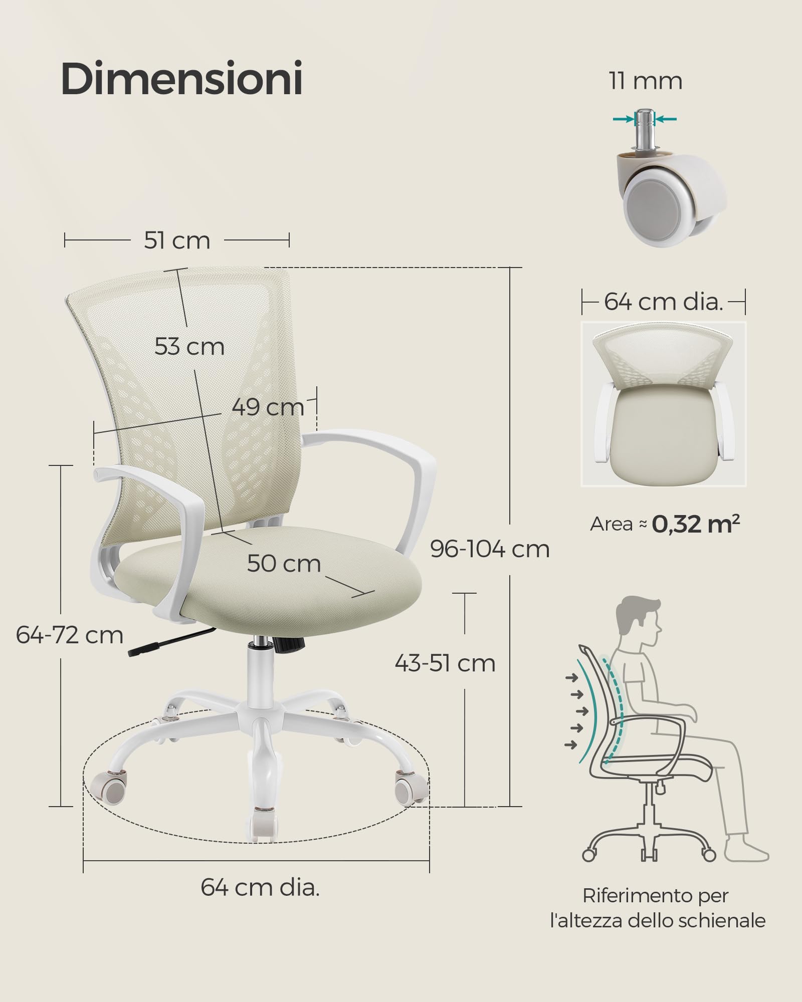 SONGMICS Bürostuhl, Schreibtischstuhl mit Netzbespannung, höhenverstellbarer Computerstuhl, Drehstuhl, Wippfunktion, atmungsaktiv, Büro, Arbeitszimmer, bis 120 kg belastbar, cappuccinobeige OBN022K01