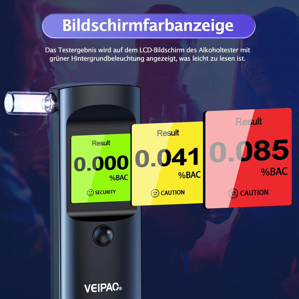 Alkoholtester Polizeigenau Alkoholtest Promillemessgerät: Tragbarer Alcohol Tester Promilletester mit 11 Mundstücken - Digitaler Alkotester Hohe Genauigkeit für Persönlichen Gebrauch Sensor - Schwarz