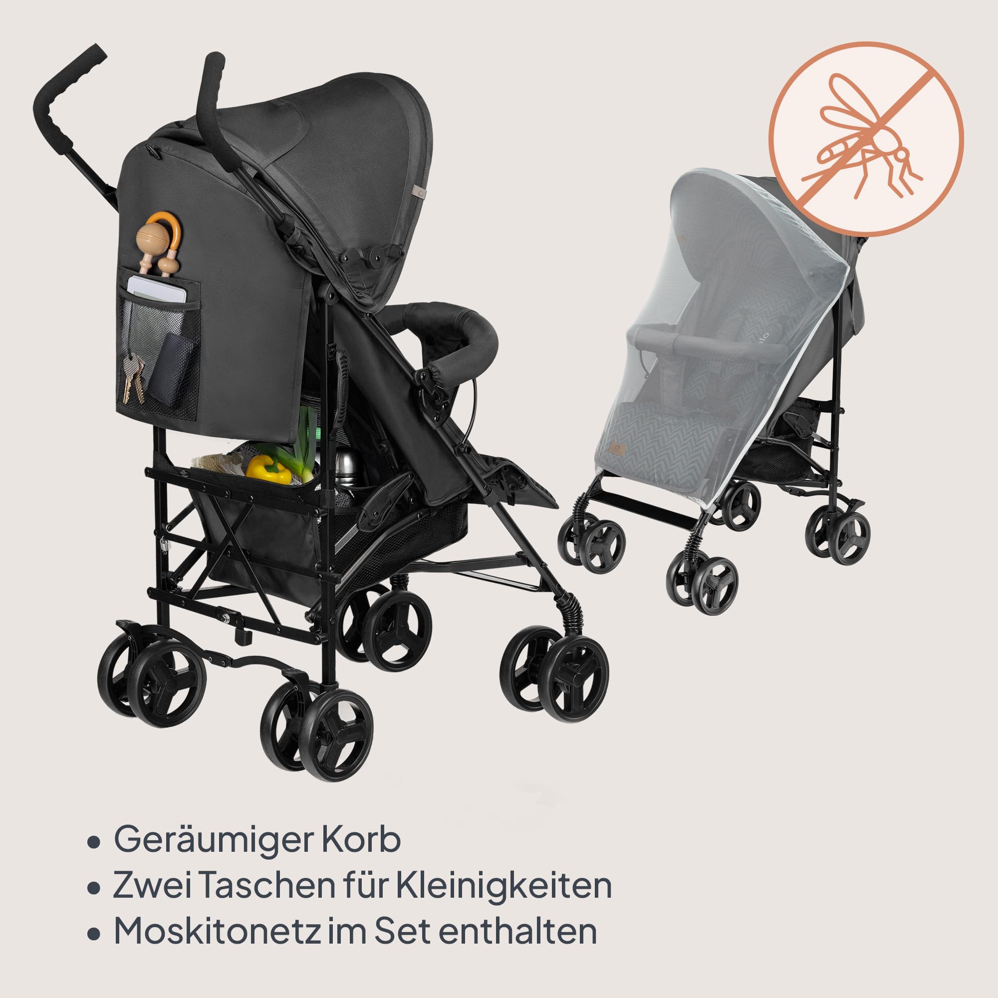 LIONELO Elia Buggy Klein Zusammenklappbar Kinderwagen Bis 15 Kg, Rücken Und Fußstützenverstellung Hinterradbremse, Moskitonetz, Einkaufskorb