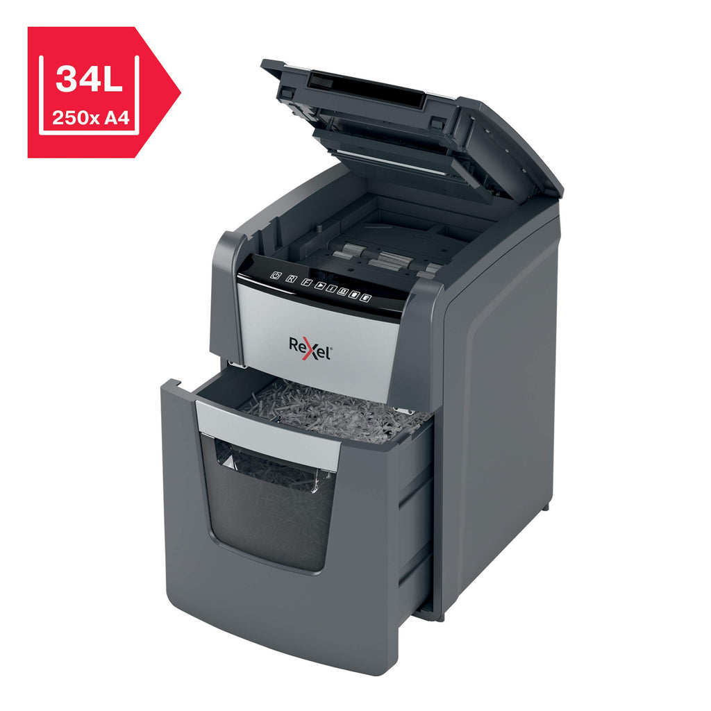 Rexel Optimum AutoFeed+ 90X Automatischer Aktenvernichter, 90 Blatt automatisch, Sicherheitsstufe P4, Partikelschnitt, für Zuhause / Home Office, 34 Liter Abfallbehälter, 2020090XEU