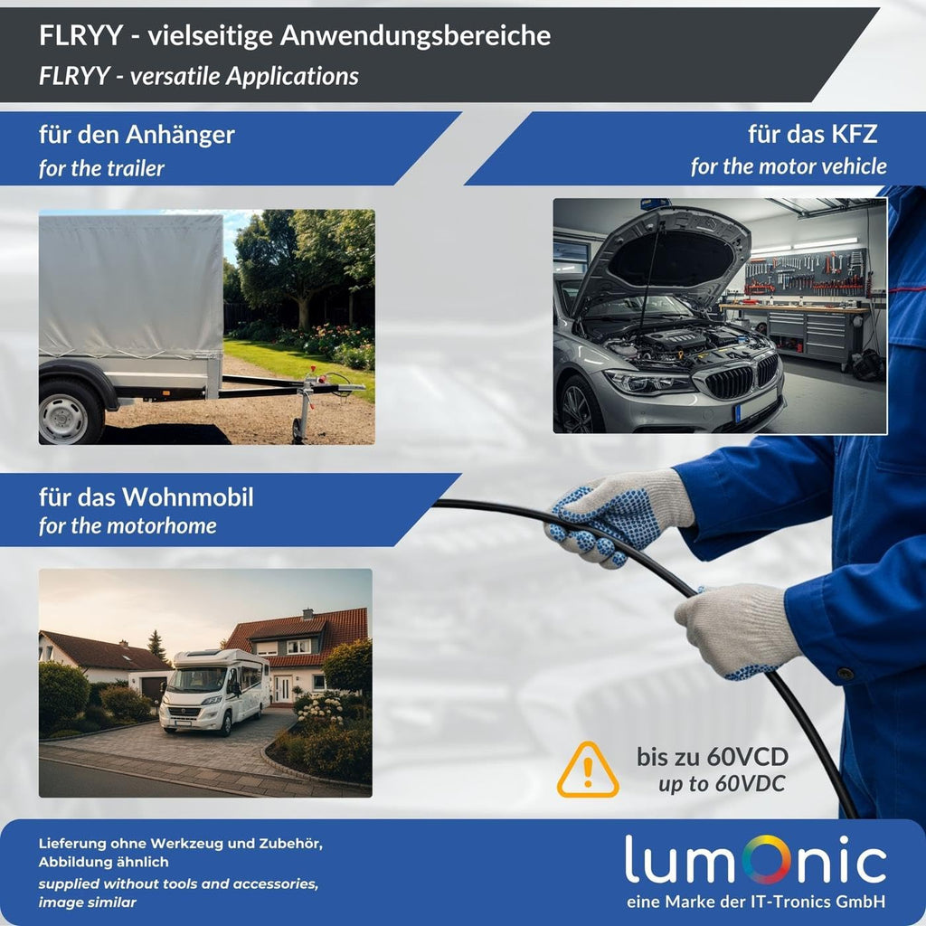 Lumonic 10m FLRYY Fahrzeugleitung 7x1mm² schwarz | 7-adrig | Anhängerkabel | mehradriges KFZ-Kabel | Öl- und Kraftstoffbeständig, flammwidrig | Niedervolt