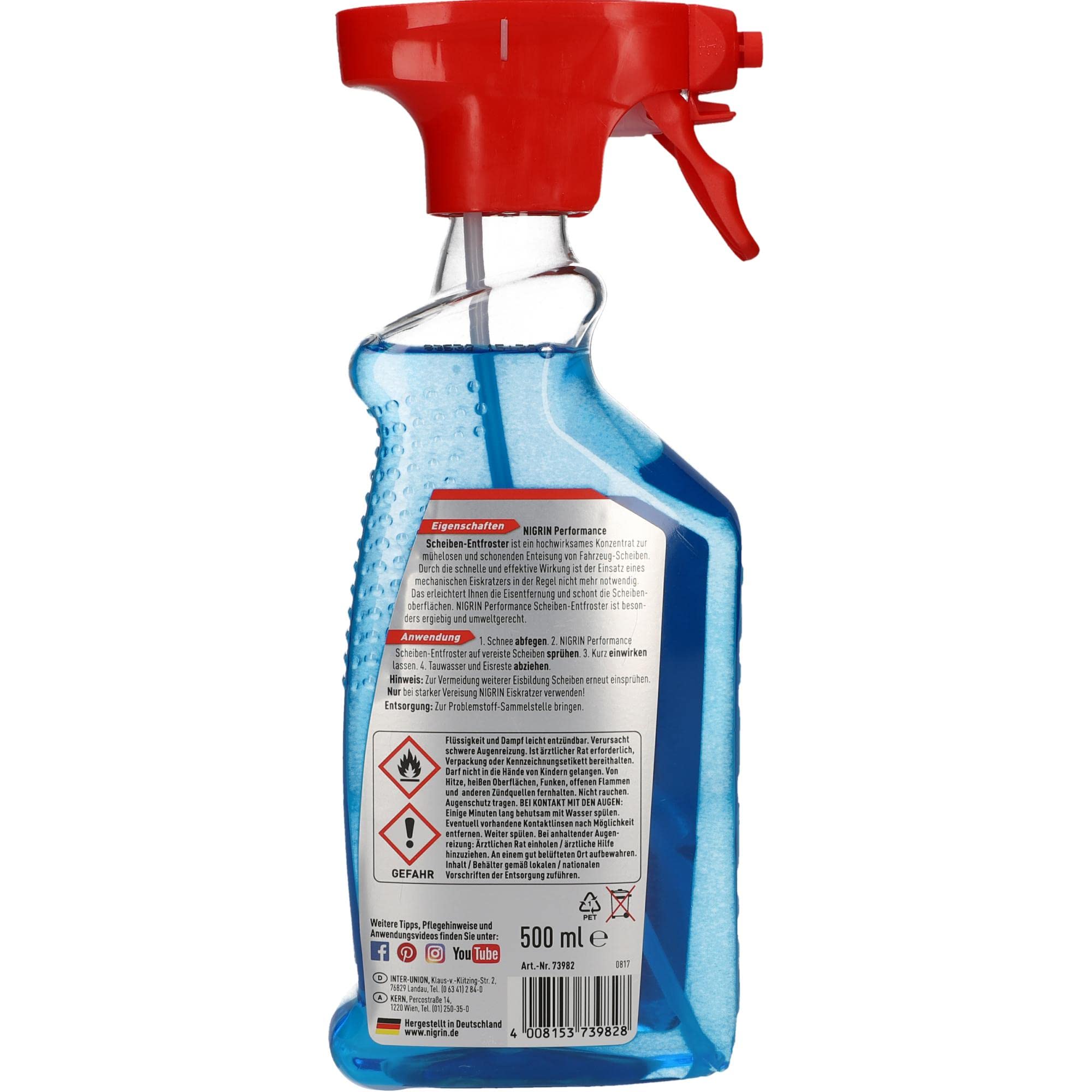 NIGRIN Scheiben-Entfroster 500ml Sprühflasche, Scheiben-Enteiser-Spray, Pumpzerstäuber, wirksam bis -55° C, verhindert Wiedervereisung